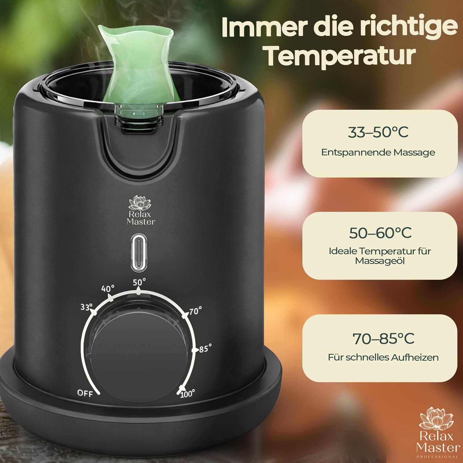 Relax Master Massageölwärmer Keramik-Ausgießkanne Einstellbare Temperatur 33–100 °C Schnelles Aufheizen Bain-Marie-System BPA-frei