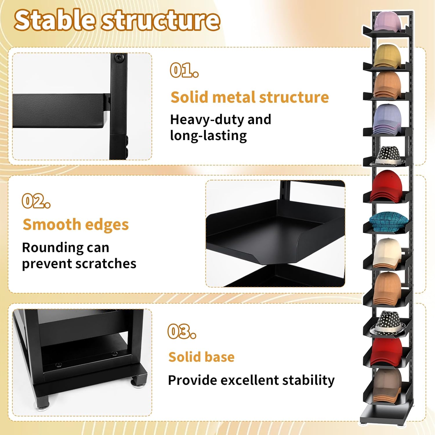 12-Tier Floor Standing Hat Rack, 76 Inch Tall Hat Display Organizer Stand for Cap Storage, Hats Wigs Holder, Adjustable Vertical Metal Garment Rack for Home Retail Commercial Use,Black