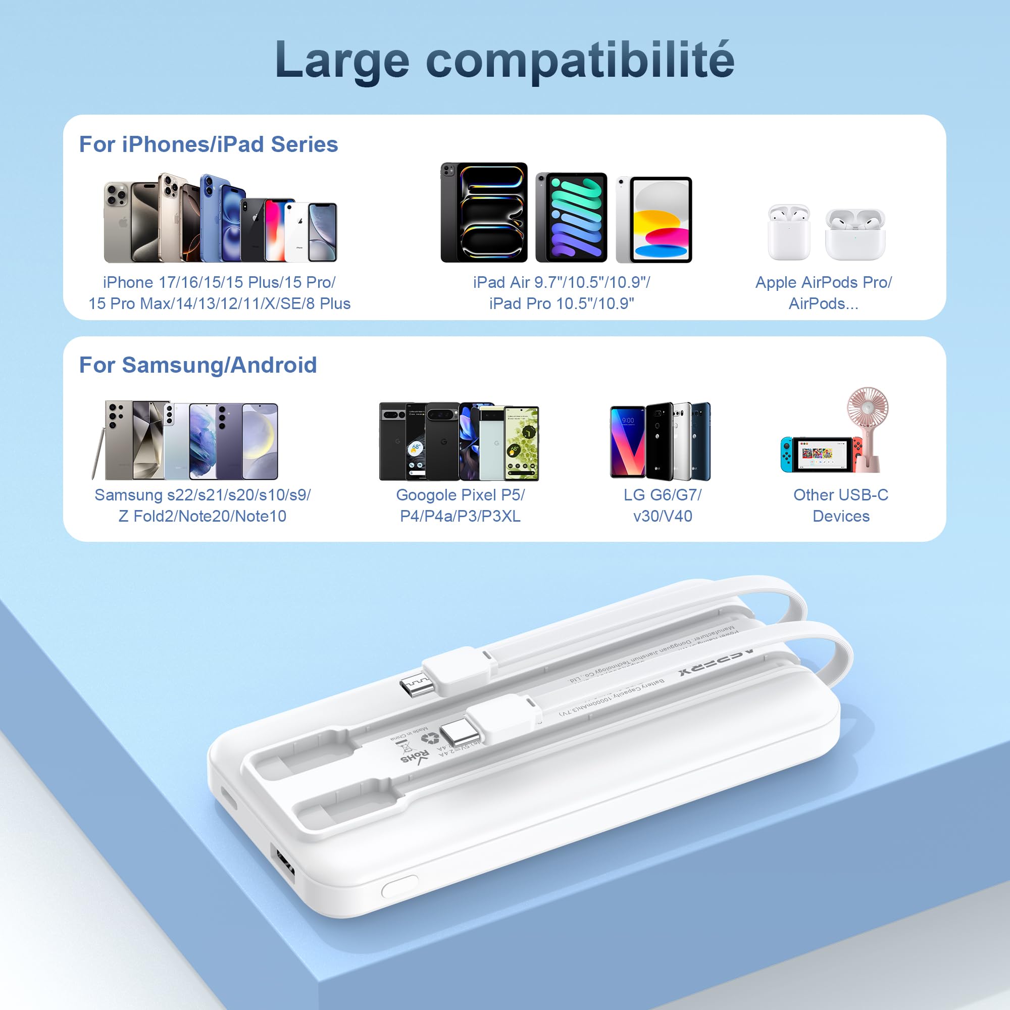 AsperX 2 baterías externas USB C de entrada y salida, con cables integrados