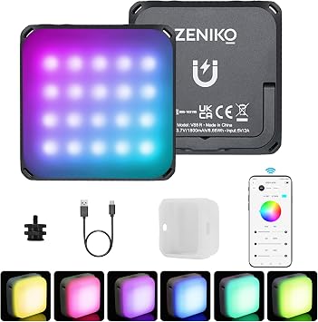 مصباح فيديو Zeniko VS5 R Mini LED مع موزع ناعم،ضوء مستمر ملون بالكامل RGB للبث المباشر لمدونات الفيديو، 2500K-8500K، CRI 95+ TLCI 96+ إضاءة تصوير محمولة للتحكم في التطبيق، أسود