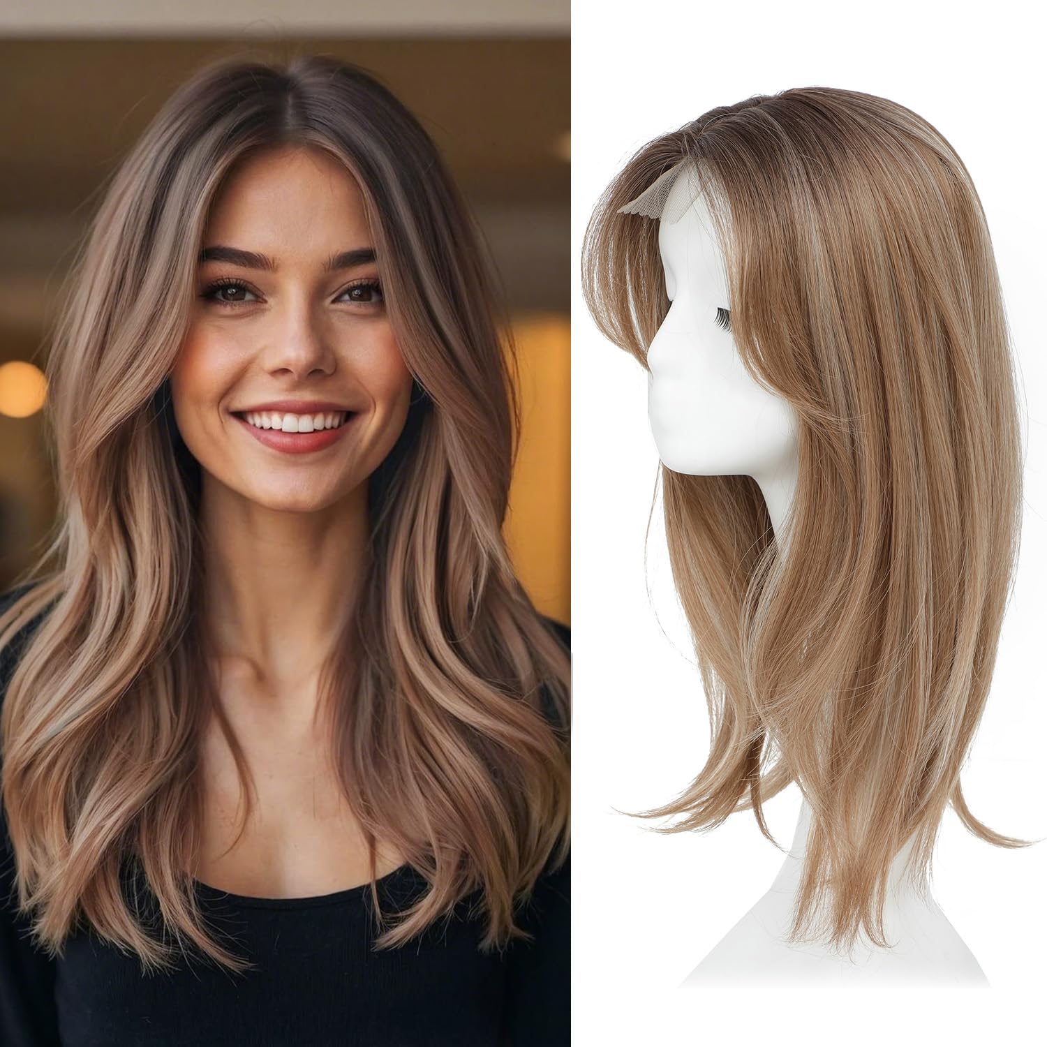 Ms Taj Hair Topper 18 Inch for Women with Thinning Hair Long Layered 6.5"X6.5" Synthetic Toppers Hair Pieces for Women Fiber Wiglets Ladies(Light Brown with Blonde Highlights)