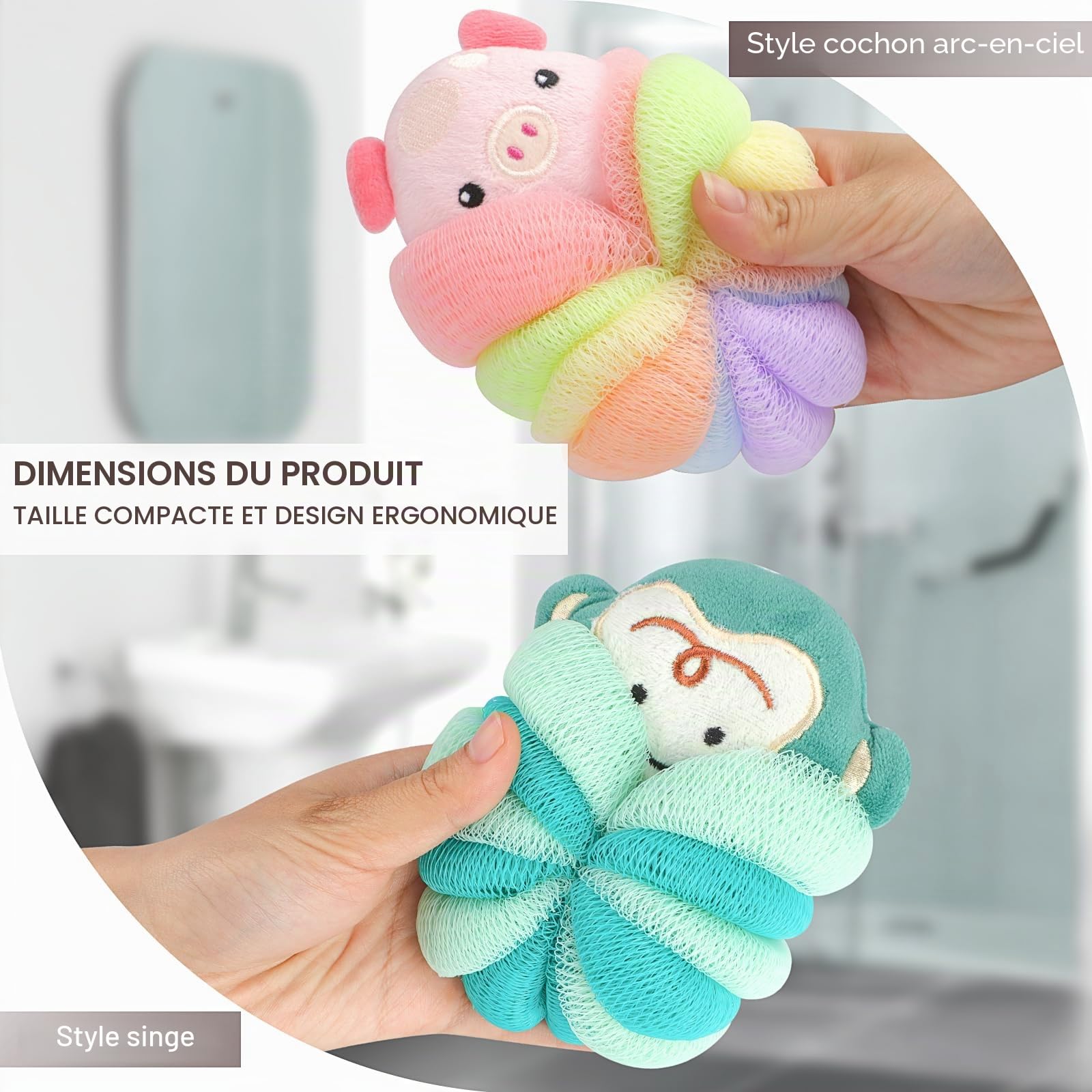 PHOGARY Lot de 3 Fleur de Douche Lavable pour Enfants, Fleur de Bain Adorables pour le Corps, Pouf de Douche en Forme d'Animal Éponges Luffa, Gommage pour le Corps Éponge en Maille pour Enfants-B