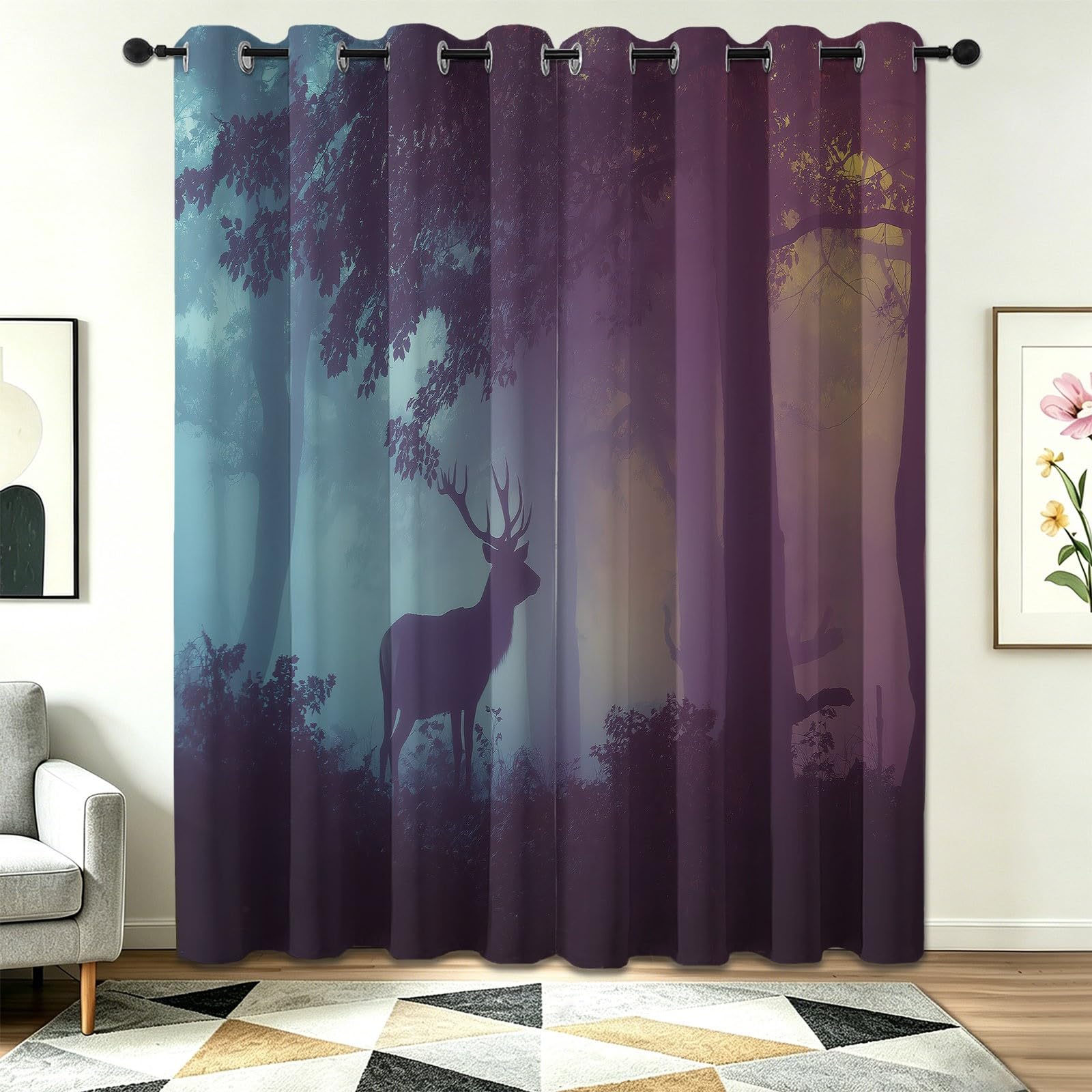 Rideau Animaux Élan Brume Forêt Imprimer 91.5 x 214 cm | Rideaux Salon Bleu-Violet