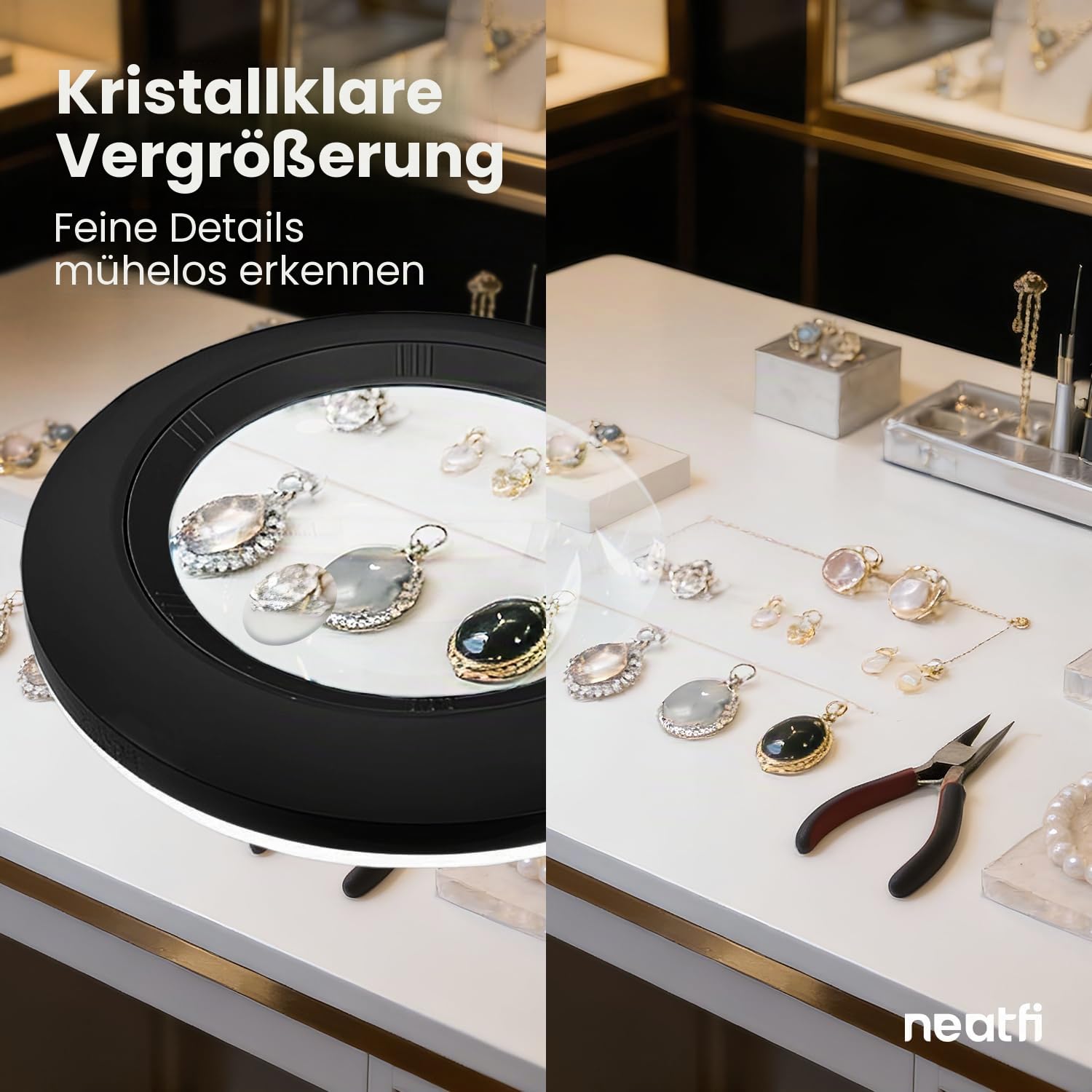Neatfi XL Bifokale LED-Lupenleuchte, 2,25-fache/6-fache Vergrößerung, 1.600 Lumen dimmbar | freihändiges Arbeiten im Nahbereich | Für Basteln, Schmuckarbeiten & Lesen (Schwarz, 18 cm Linse)