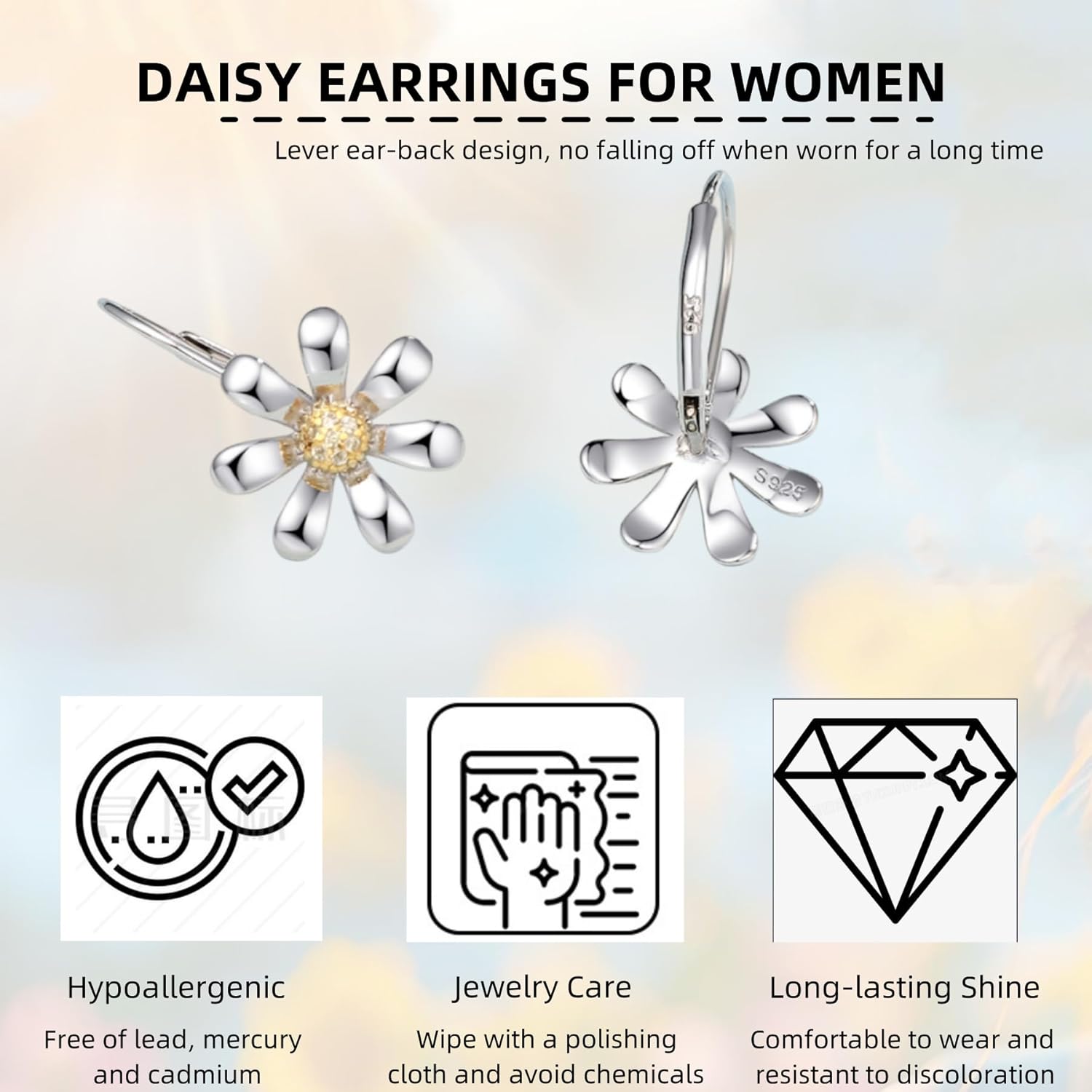 Daisy Earrings 925 Sterling Silver Leverback Drop Dangle Earrings for Women 18K White Gold Plated Hypoallergenic Cubic Zircon Daisy Flower Earrings Jewelry Gifts for Sensitive Ears - Image 5
