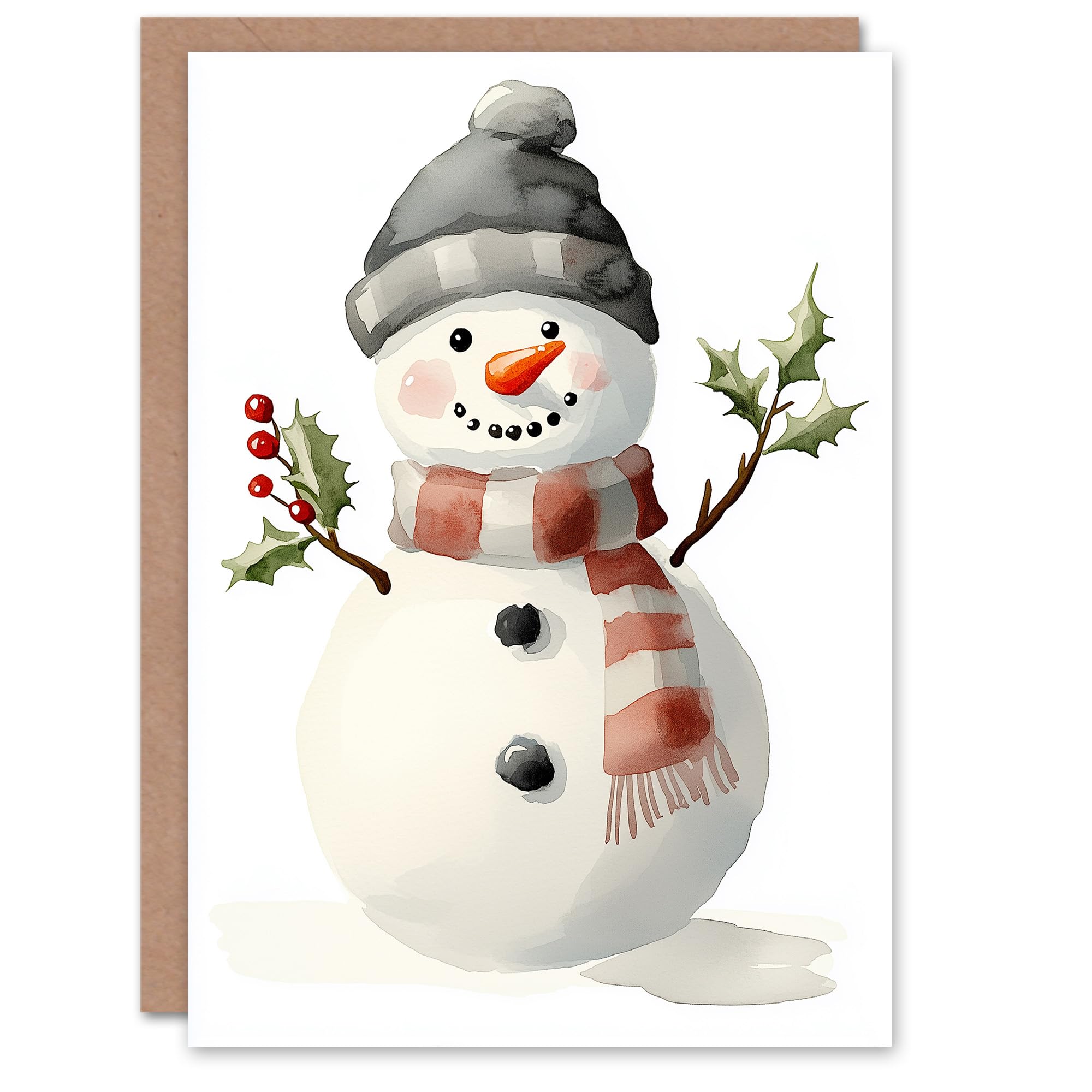 Artery8 Cute Snowman Holly Branch Arms Watercolour Blank For Him Or Her Art Christmas Card