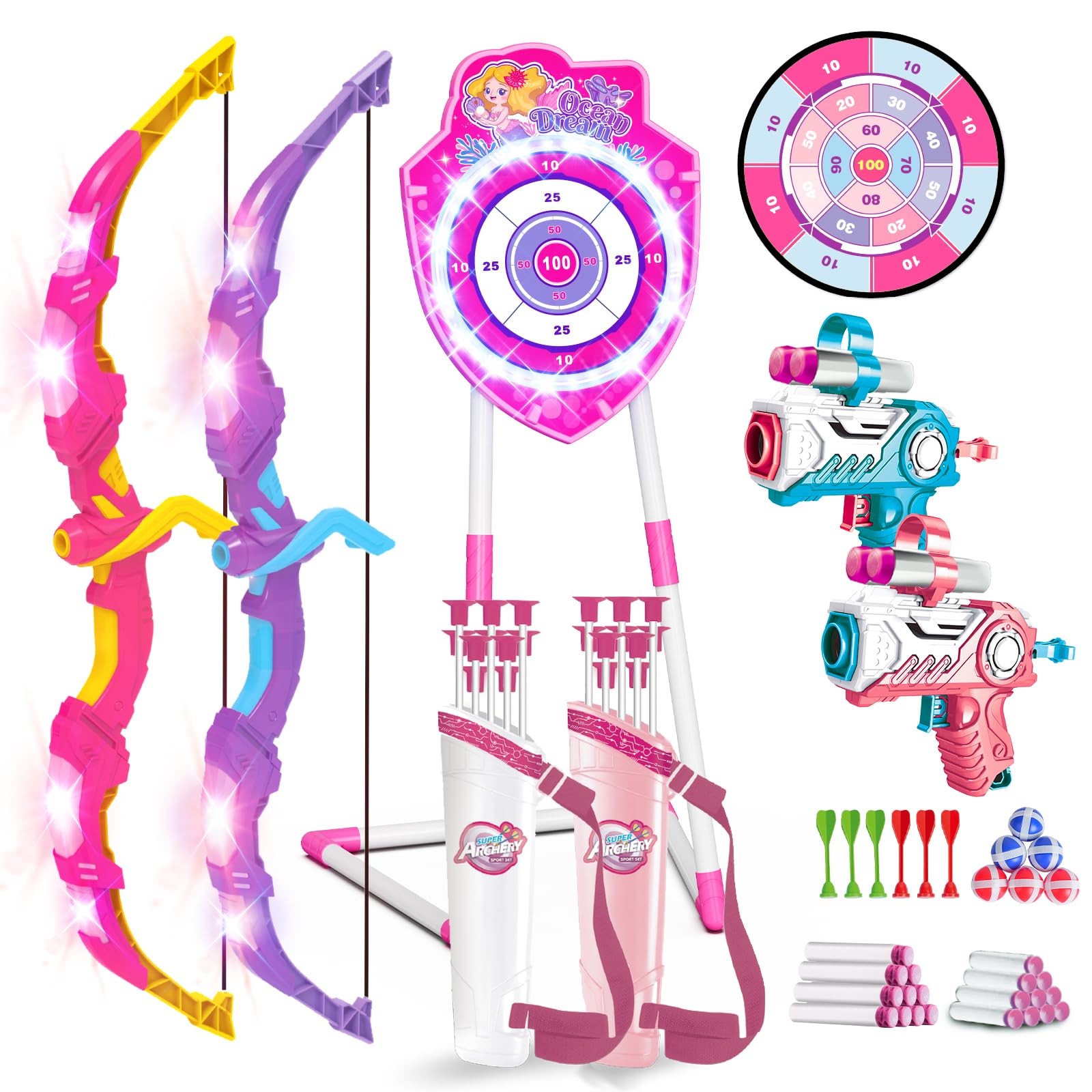 VATOS 2 Pack Bow and Arrow Toy with LED Light - 4 in 1 Archery & Dart Game Set with 20 Suction Cup Arrows, Mermaid Glow Target & Dart Board - Indoor/Outdoor Birthday Gift for Girls Boys Kids Ages 5-12