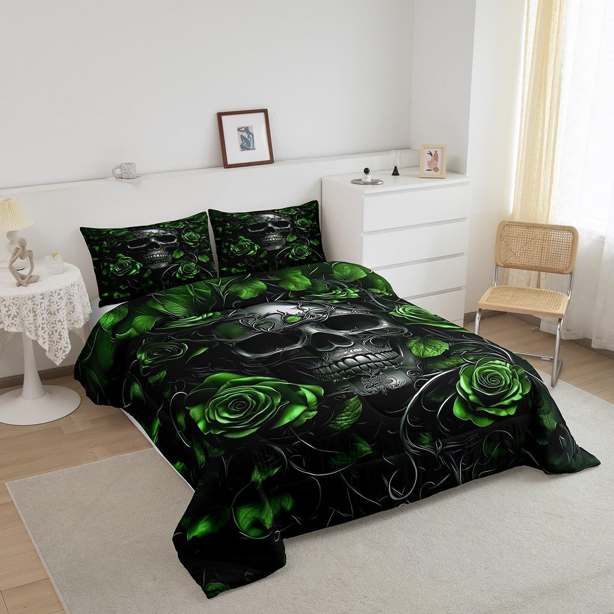 Erosebridal Adults Gothic Comforter Set Bohemian Boho Goth Queen Bedding Sets Vintage Horror Skull Bed Sets Lime Green Rose Baroque Victorian Romantic Rose Duvet Insert,Halloween Gothic Decor