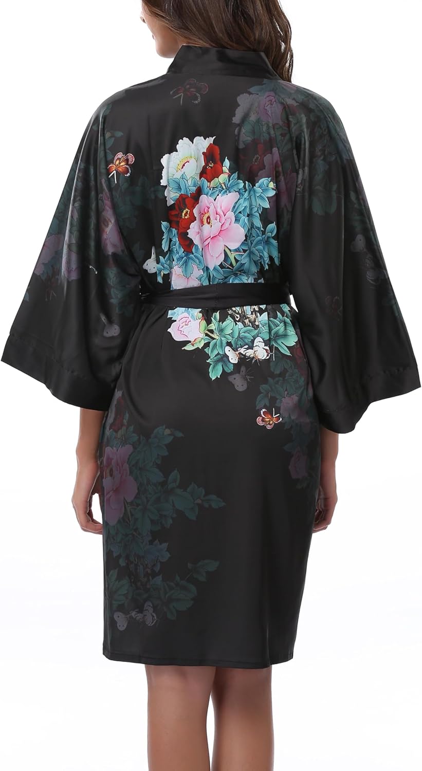 Women's Kimono Robes Short Floral Silk Satin Bathrobe Lightweight Kimono Nightgown One Size - Image 5