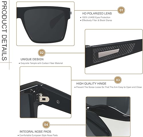 Miniatura 3 de ANDWOOD Gafas de sol polarizadas cuadradas para hombres y mujeres, protección UV, de gran tamaño, parte superior plana, grandes sombras a la moda,