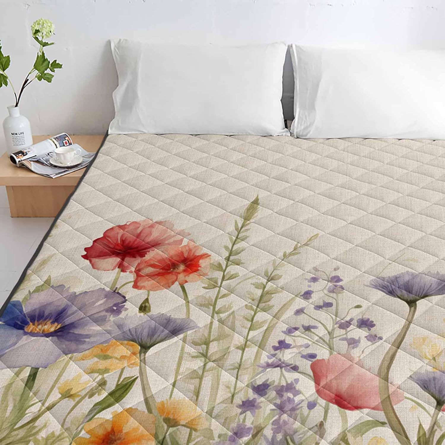 T&H XHome Quilt Queen Size Luxury Quilted Comforter Bedspread-Thin Soft Cozy, Spring Wildflowers Floral Plant Leaves Linen Reversible Stitched Lightweight Quilt Coverlet for All Season
