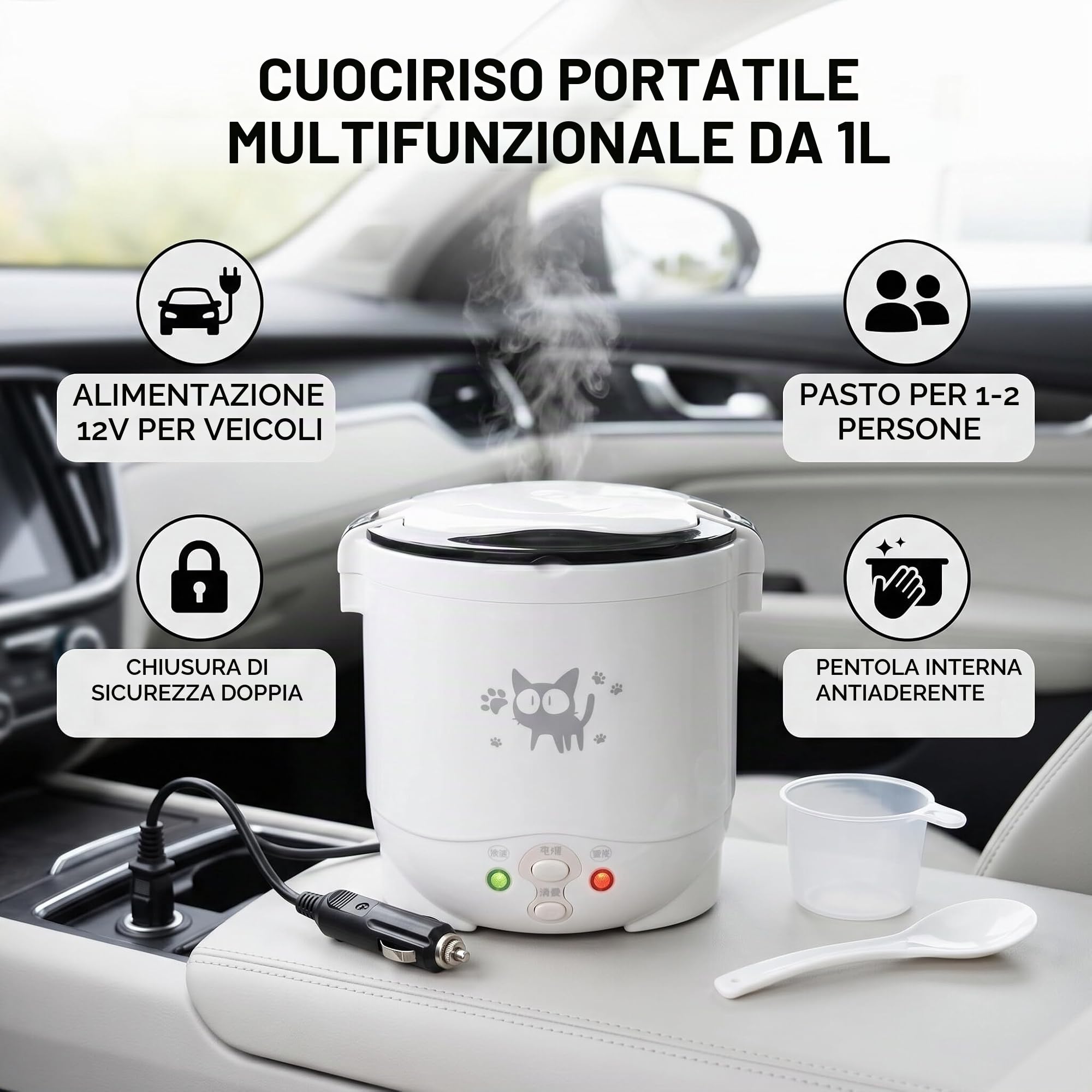 Wakects Cuociriso Piccolo, Cuociriso Portatile da Viaggio 12v per Auto, Funzione di Riscaldamento e Mantenimento in Caldo, può Essere Utilizzato Come Portapranzo Elettrico(Bianco)