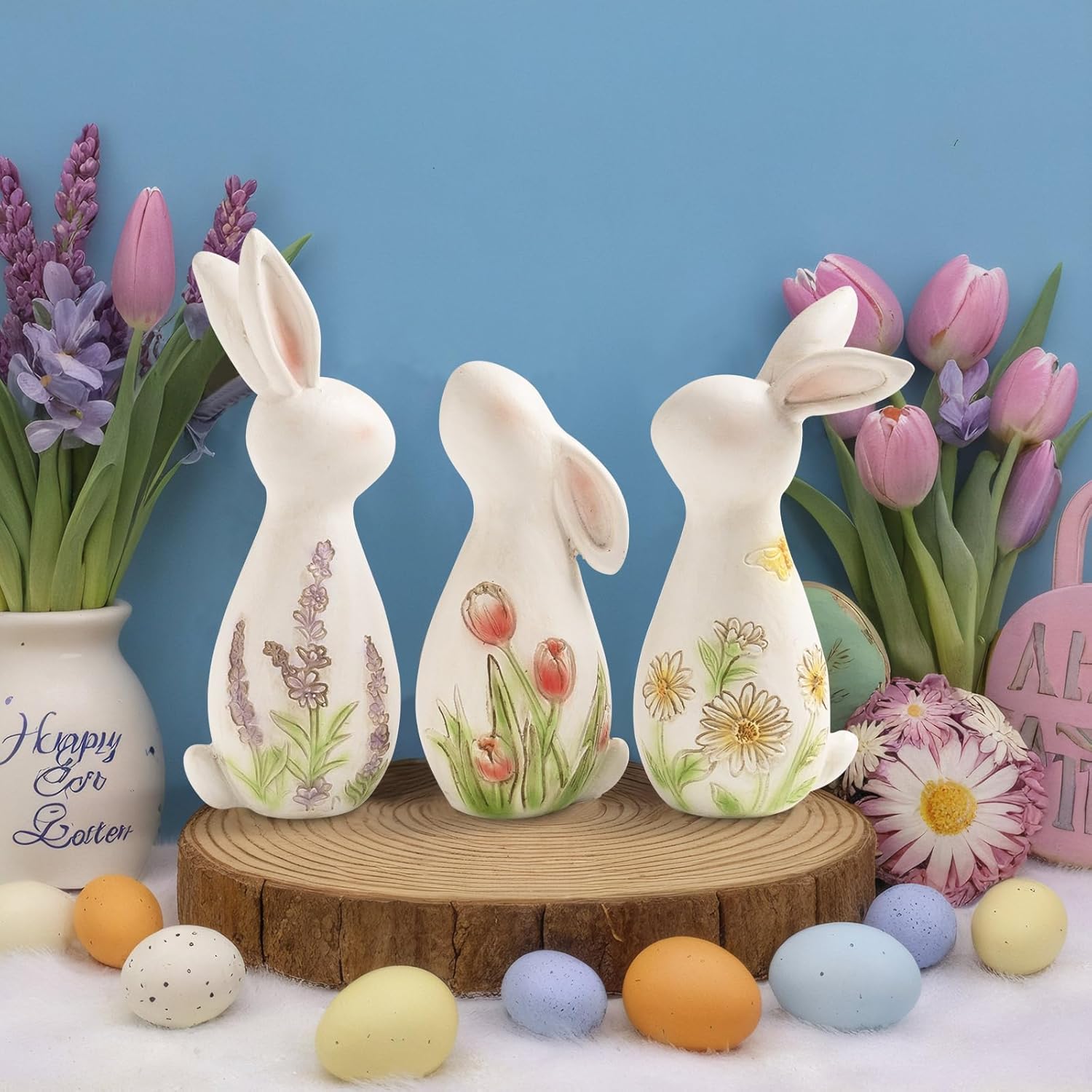 Set of 3 Easter Bunny Figurine, Resin Wildflower Bunny Decorations for Home Indoor, Spring Rabbit Small Statue Living Room Table Centerpieces Mantel Tiered Tray Shelf Office Desk Top Decor - Image 2