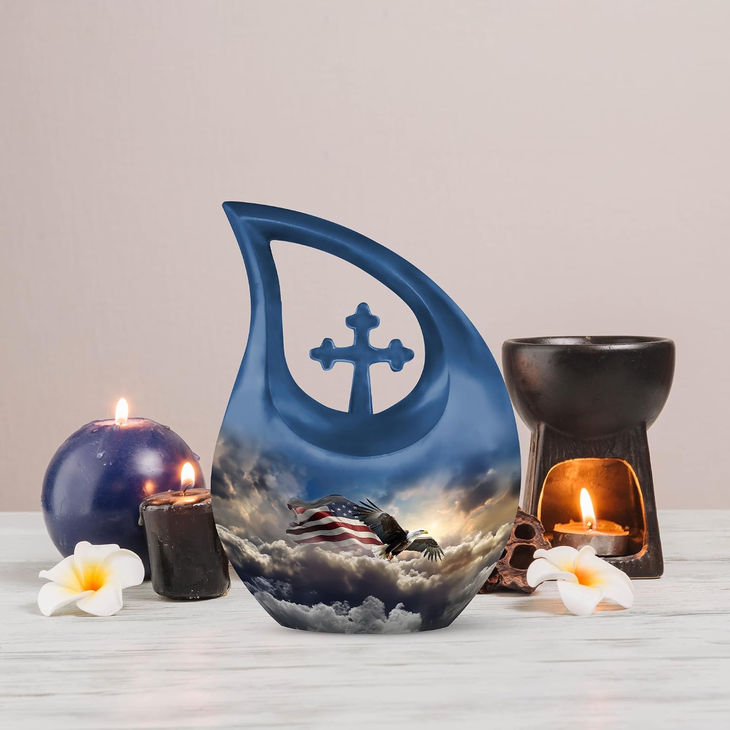 Eagle Burial Cremation Urn for Human Ashes Adult Female & Male - American Flag Memorial Funeral Urn for Adult Ashes Grandmother - Blue 10 Inch Large Decorative Urns for Human