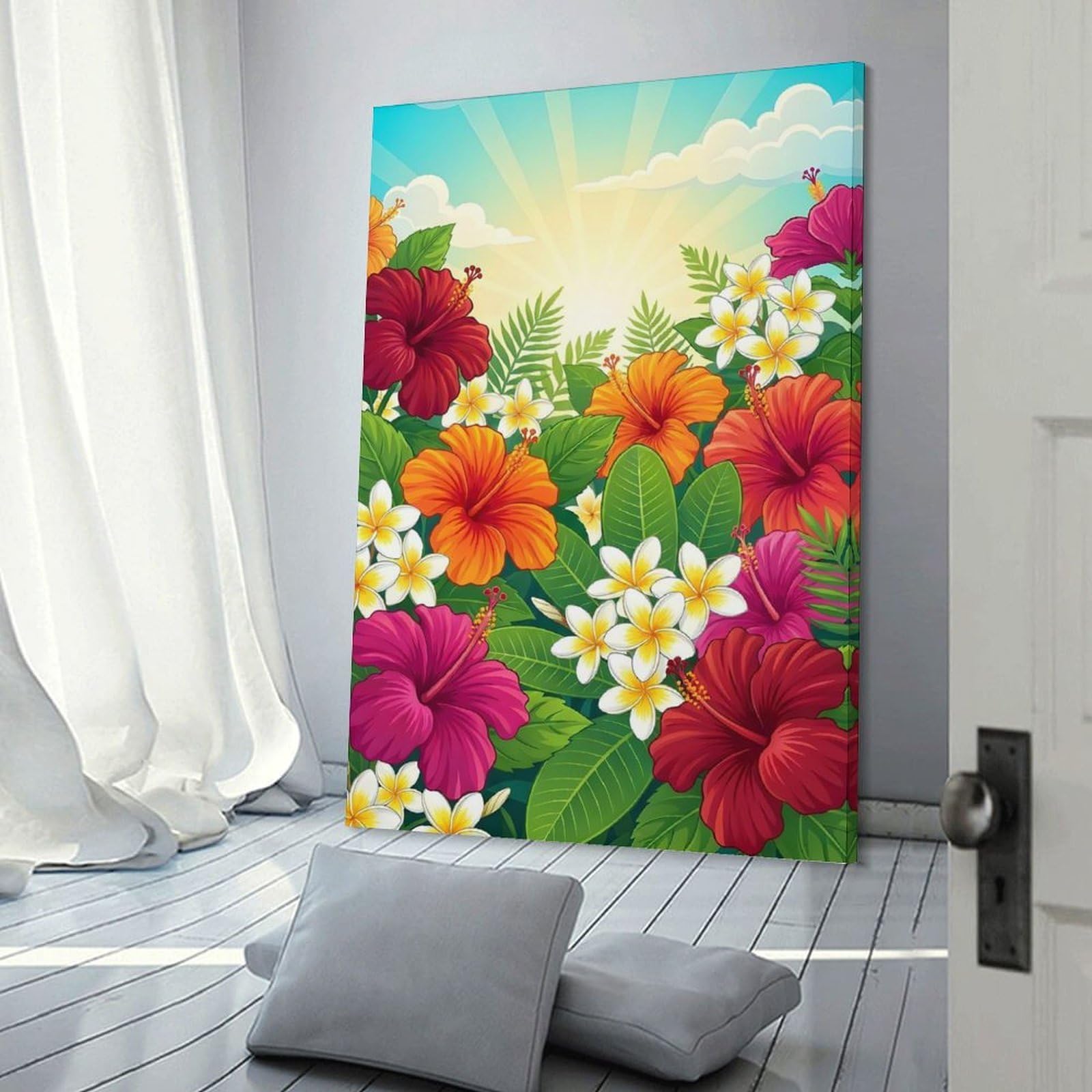 Junmoney Tropical Hibiscus And Plumeria Flowers Wall Art Print 12x18inch(30x45cm), for Art Walls, Layered Displays Or Homes, Wall Decor Suited to Curated Displays