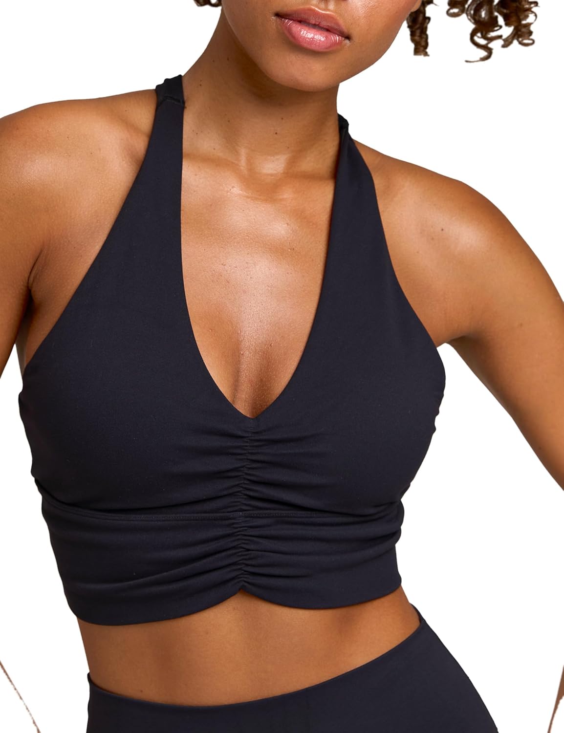Women's Serene Scrunch Longline Sports Bra V Neck Padded Yoga Tank Wide Straps Cross Back Crop Tops