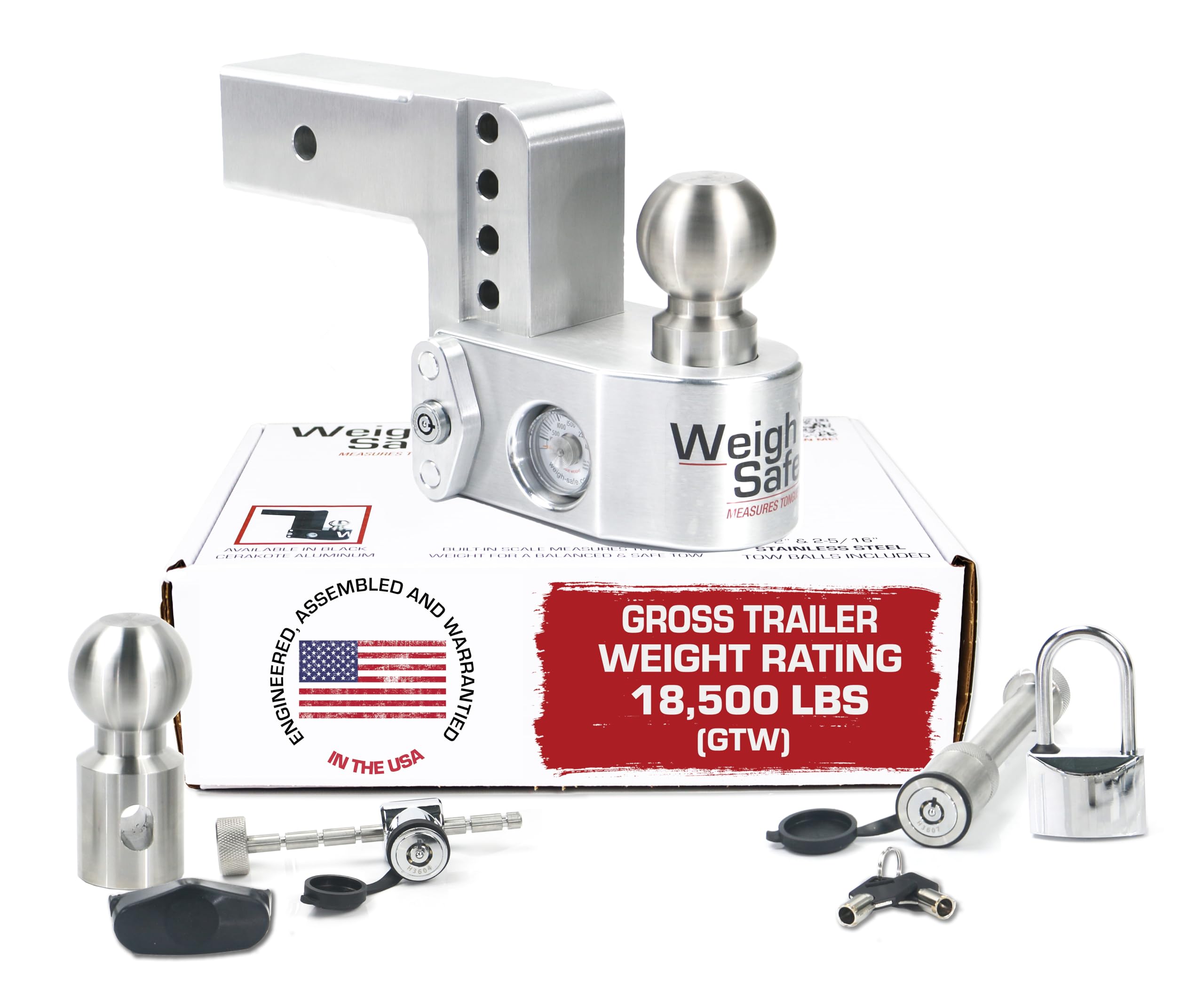 Weigh Safe Aluminum Adjustable Trailer Hitch - Towing Hitch with Built-In Tongue Weight Scale - Compatible with 2.5" Receivers - 4" Drop, Stainless