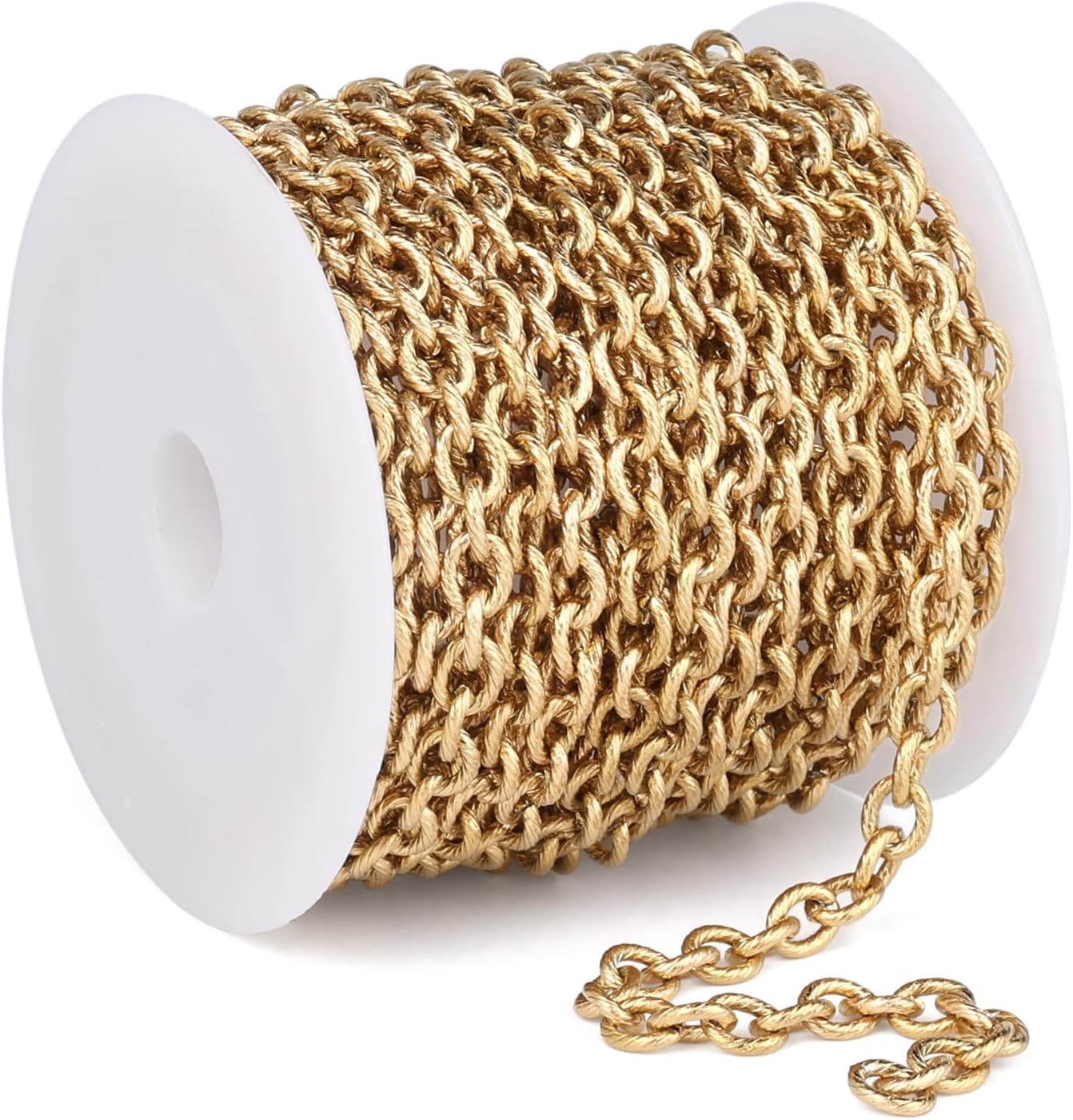 16.5 FT Gold Textured Rolo Cable Chains Roll, 5mm 18K Gold PVD Plated 304 Stainless Steel Circle Cable Link Chain Bulk Spool for Jewelry Making DIY Craft