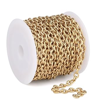 16.5 FT Gold Textured Rolo Cable Chains Roll, 5mm 18K Gold PVD Plated 304 Stainless Steel Circle Cable Link Chain Bulk Spool for Jewelry Making DIY Craft