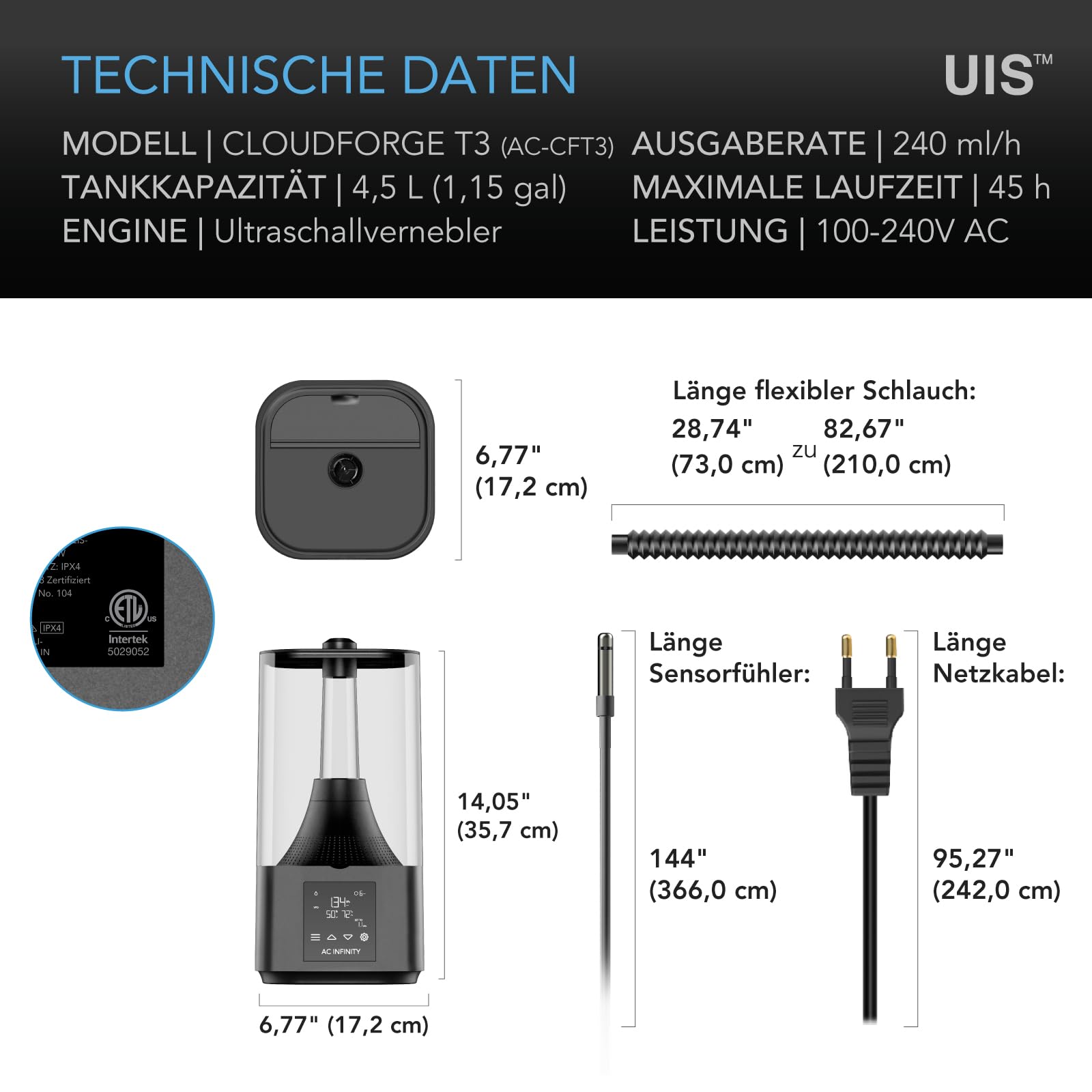 AC Infinity CLOUDFORGE T3 – Pflanzen-Luftbefeuchter 4,5 L mit VPD | 10-stufiger Präzisionsverdampfer, ausziehbarer Zielschlauch und auslaufsichere Dichtung für Wachstumszelte