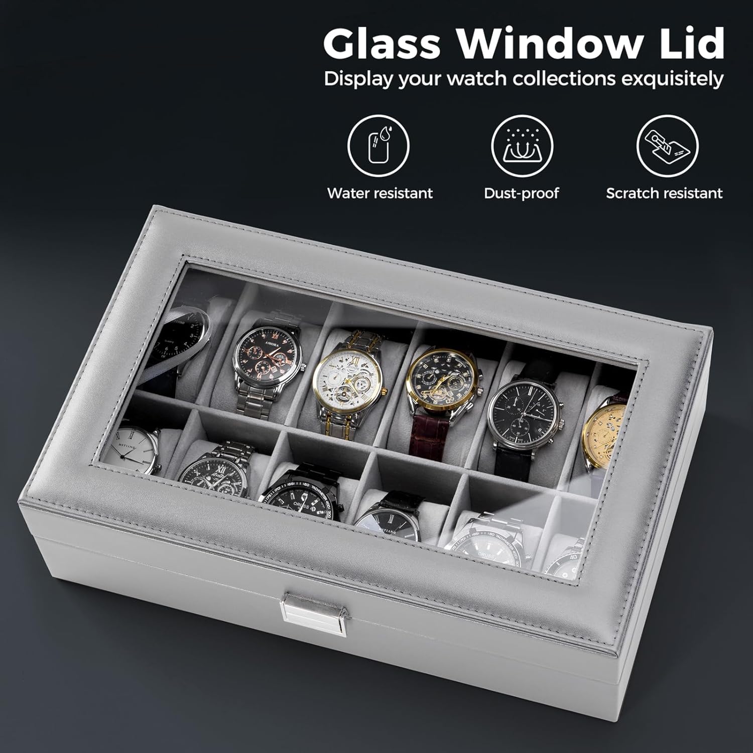 ProCase Watch Box Organizer, 12 Slot Watch Display Case With Glass Lid, Watch Storage Holder Mens Watch Case, Anniversary Birthday Valentine Gifts for Men Women -12 Slot, Grey