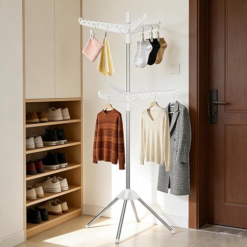 Miniatura 7 de Tendedero de secado de ropa giratorio y plegable de 2 capas de acero inoxidable de 75 pulgadas con 6 brazos giratorios, soporte independiente de 4