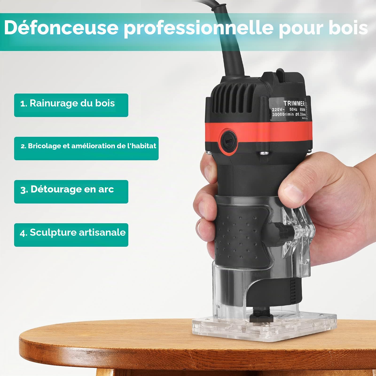 Toupie à Bois Compacte 800W 6.35mm 30000r/min Toupie à Main Portable pour Le Travail du Bois Trimmer électrique Toupie à Bois avec 15 Mèches de Toupie DIY