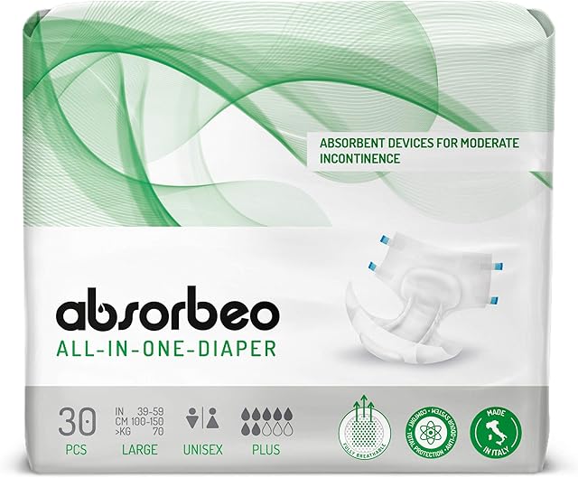 Absorbeo - All-In-One Diaper Plus - Unisex Absorbent Devices for Moderate Incontinence, Size L (30 pieces/pack)