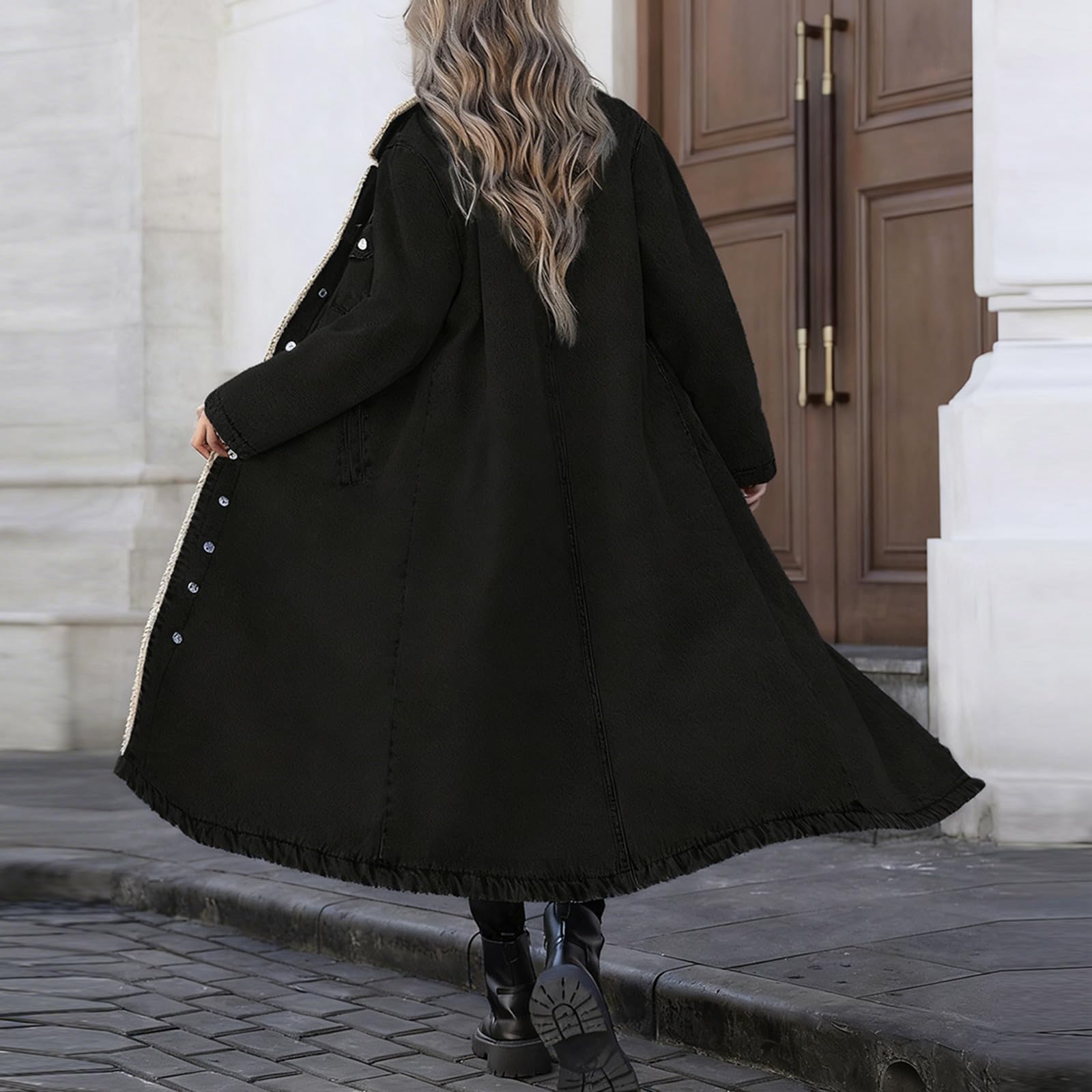 Jeansjacke Damen Lang Winterjacke Gefüttert Fleecejacke Ohne Kapuze | Wintermantel Damen Lang Warm Gefüttert Jeansjacke Fleece Jacke Frauen Mit Knöpfen Mantel Jeans Übergangsjacke Mit Taschen