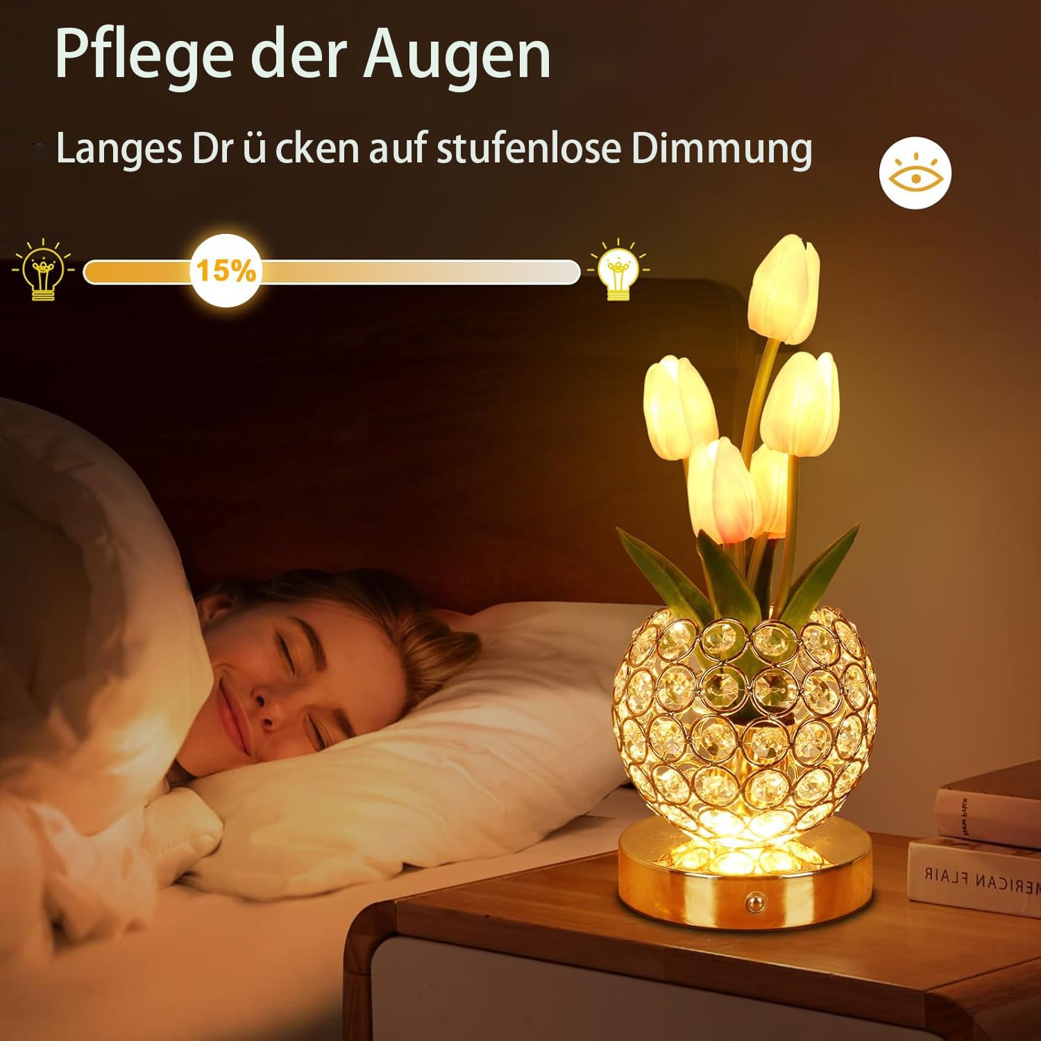 Cadeaux d'anniversaire pour femme - Lampe de table à batterie - 3 couleurs - Fleur de cristal - Intensité variable à l'infini - Avec charge USB - Petite veilleuse - Lampe de chevet tactile pour