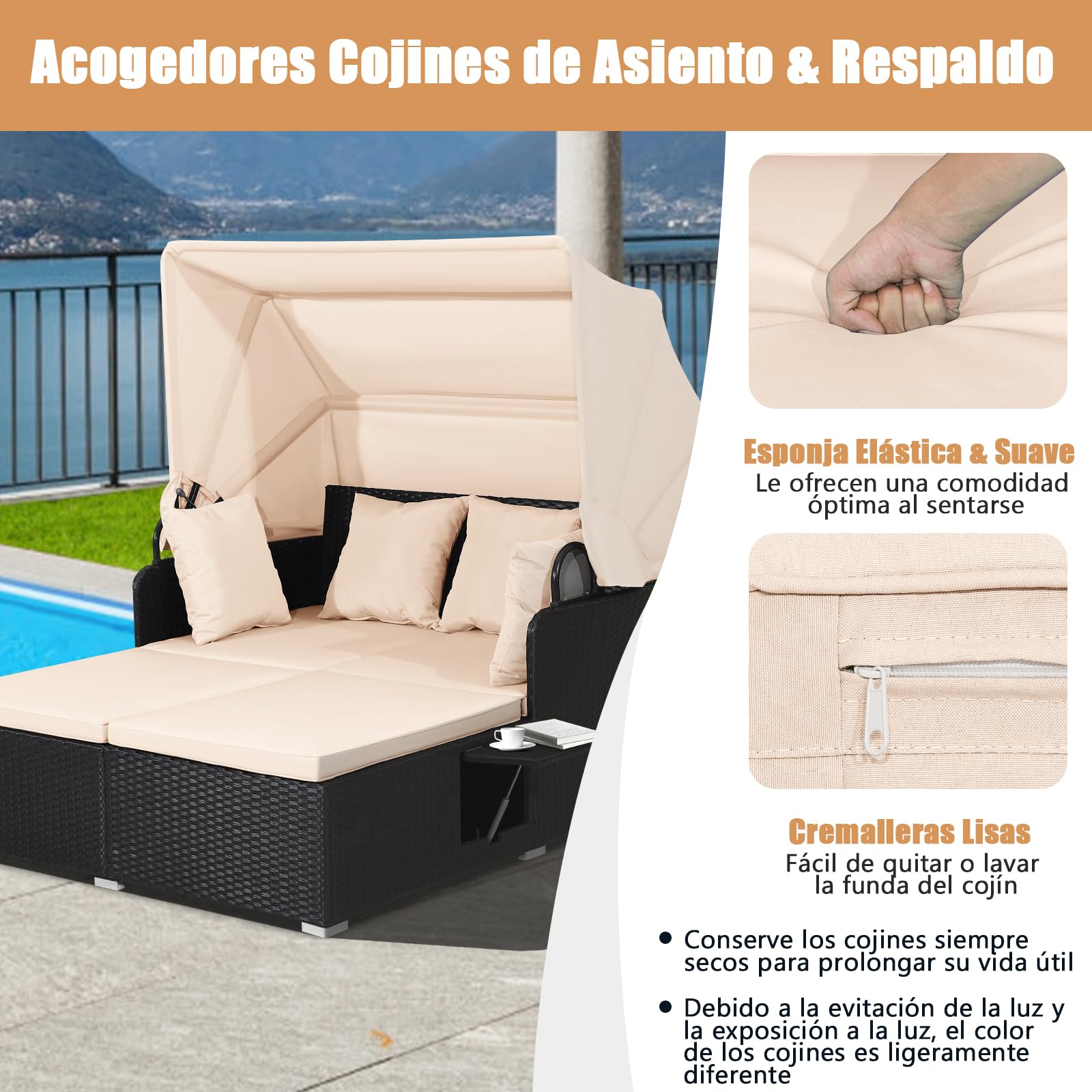 COSTWAY Lettino Prendisole per 2 Persone, Divano Letto Matrimoniale da Esterno in Rattan con Tettuccio Retrattile e Cuscini, Isola Prendisole per Giardino Cortile Balcone,165 x 153 x 138 cm (Beige)