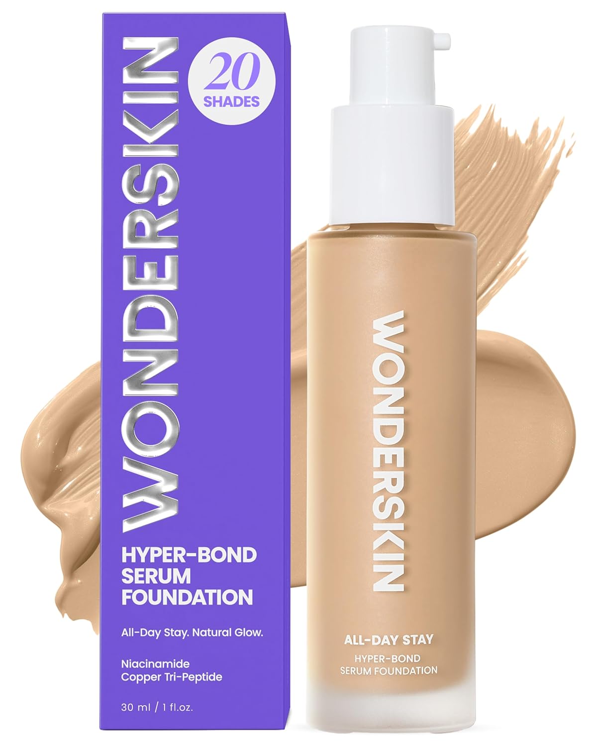 Wonderskin Hyper Bond All-Day Stay Serum Foundation – Waterproof, Transfer-Proof, 24HR Longwear Face Makeup with Niacinamide & Hyaluronic Acid – Lightweight, Natural Finish (Bliss)