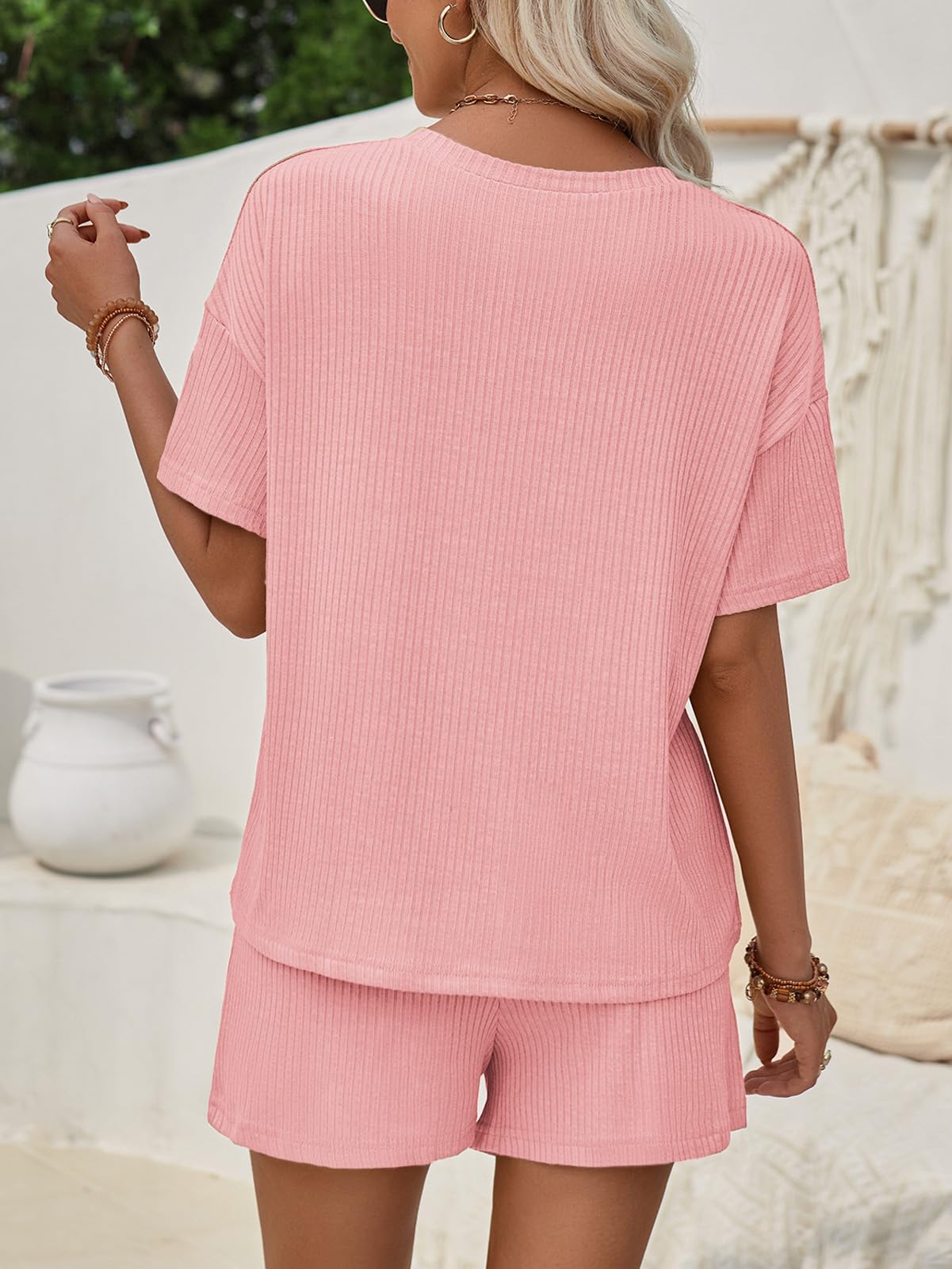 Rayson Chandal Mujer Chándal Completo 2 Piezas Verano Pantalones Cortos con Bolsillos y Cuello Redondo Top