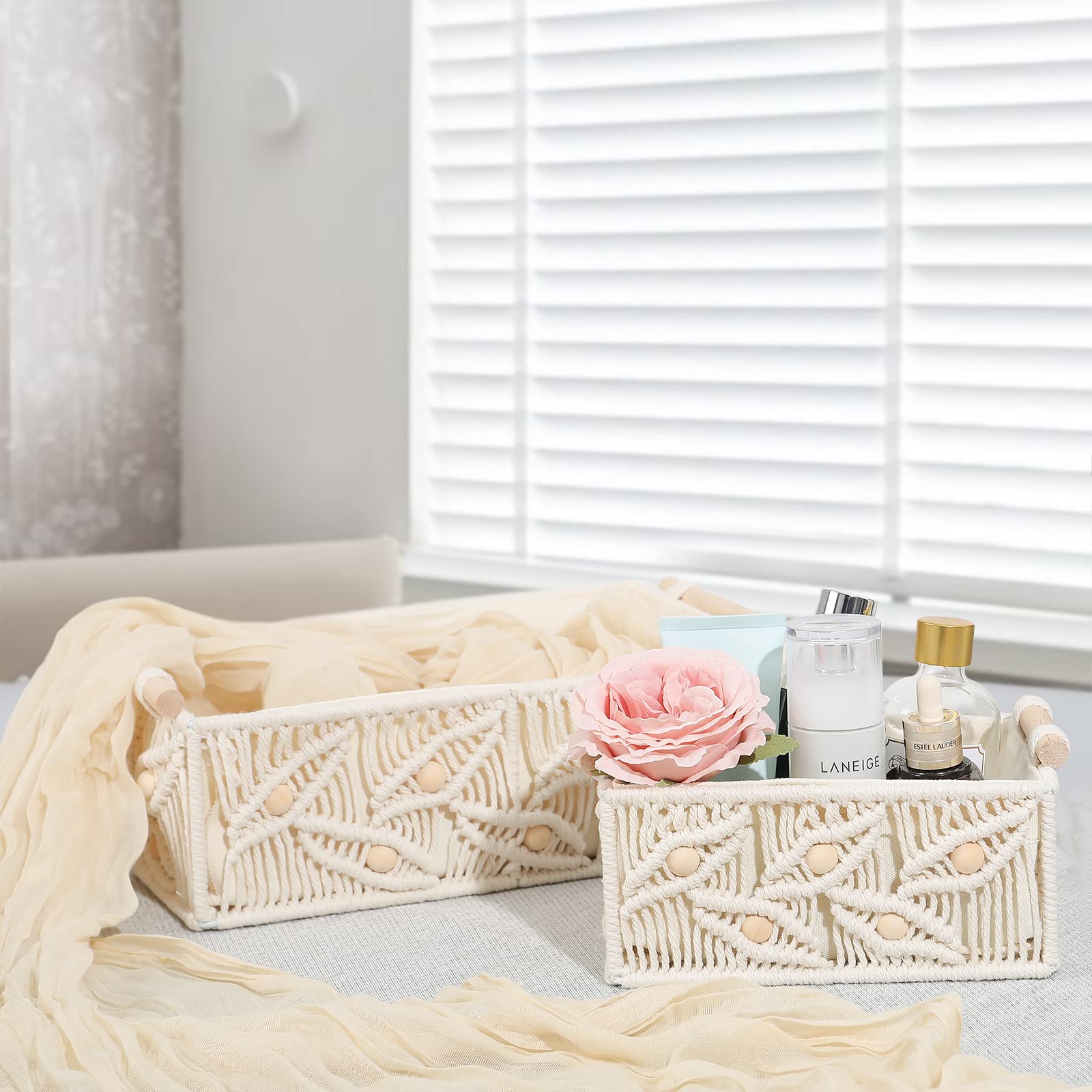 ANMINY Makramee-Aufbewahrungskörbe-Set, handgefertigt, Baumwolle, gewebt, dekorative Boho-Schreibtisch-Aufbewahrungsboxen mit Holzgriffen, Holzperlen, Kinderzimmer, Baby, Organizer, Behälter