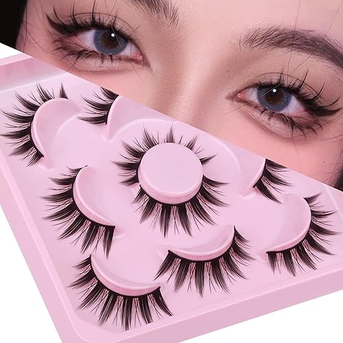 False Eyelashes Natural Cosplay Lashes Doll Anime Japanese Faux Mink Lashes Pack Spiky Manga Fake Eyelashes Wispy Long Thick Ruffle Fake Eye Lashes 5 Pairs - A- Doll