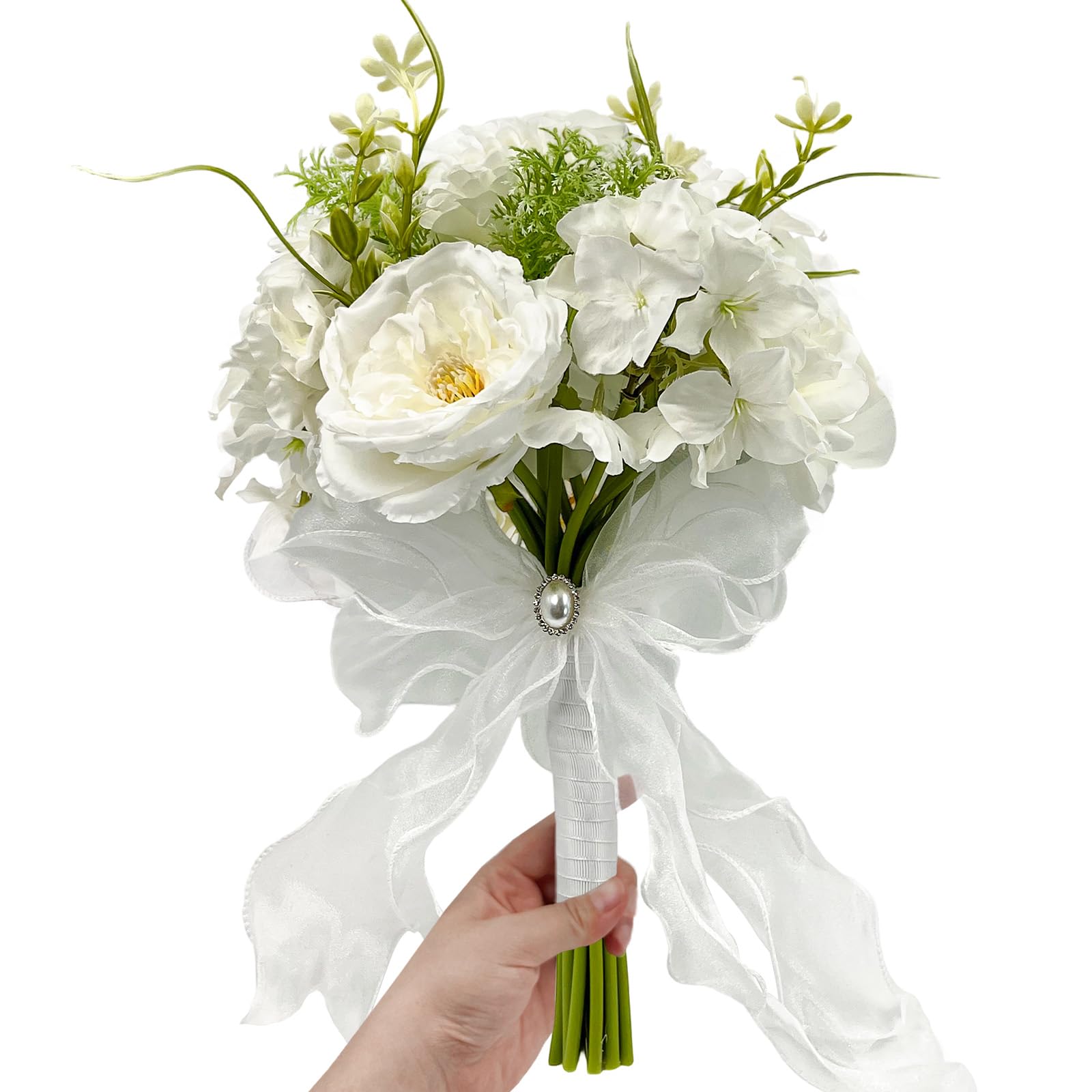 SNAIL GARDEN Artificial Bridal Bouquet with Pearl Accent & Mesh Ribbon Bow – Lifelike Silk Wedding Flowers Handheld for Bride, Vase Fillers or Gift (31cm)