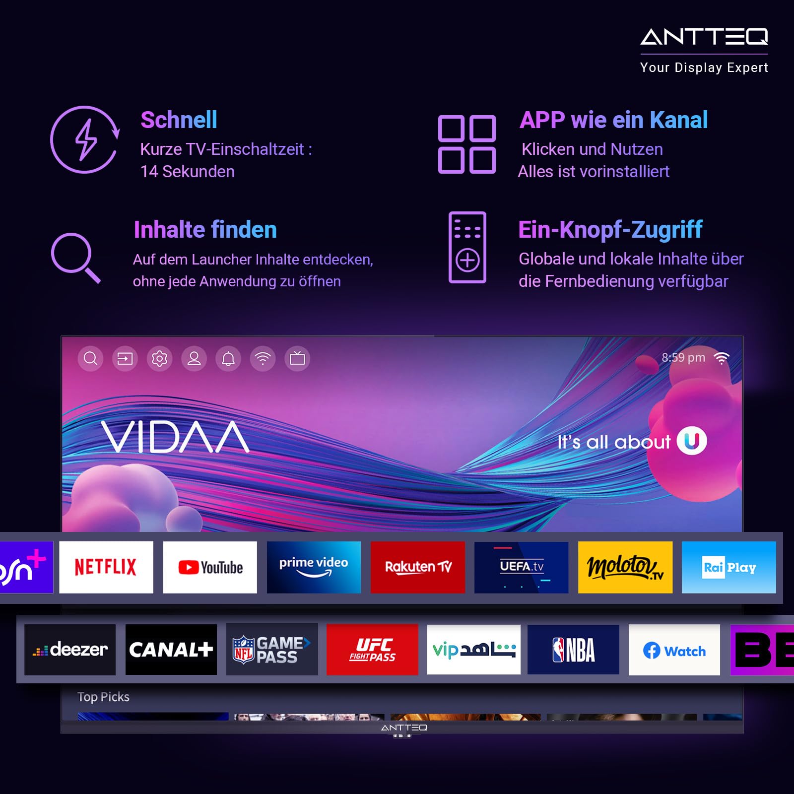 Antteq V25-AF3Q1 Smart TV 25 Pouces (64cm) Full HD,Vidaa OS Télévision avec Triple Tuner Appli Mobile,APP Store,Netflix/DAZN/WiFi, HDMI