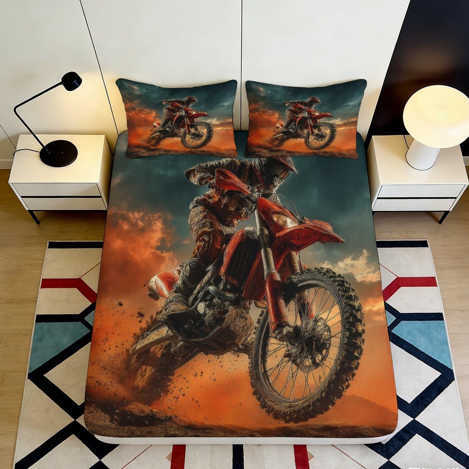 3D Printed Dirt Bike Fitted Sheet Microfiber Durable Breathable Motocross Bed Cover for Bedroom Dormitory Guest Room Mattress Protection 120x200x25cm
