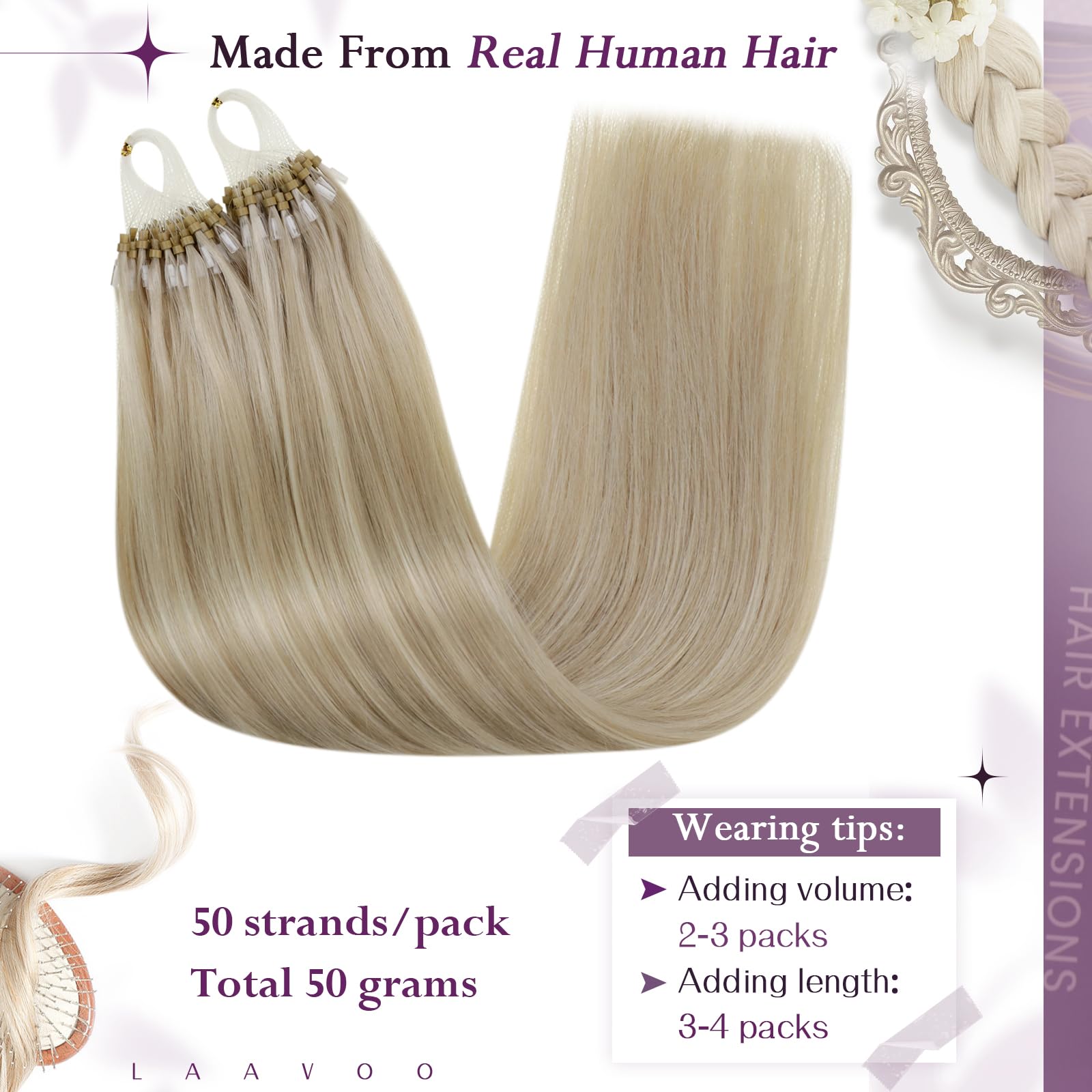 LaaVoo Micro Loop Hair Extensions 16 Inch Real Human Hair Remy Straight Highlight Ash Blonde with Golden Blonde Invisible Micro Ring Hair Extensions 50g 50s #16/22 - Image 3