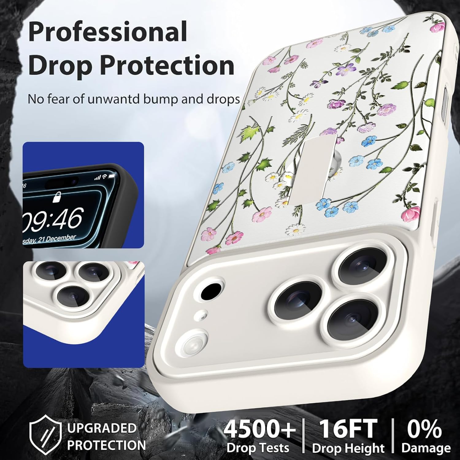 3D Floral Case for iPhone 17 Pro Max with Finger Hand Strap Kickstand Cute Green Flowers Design Pattern for Women Man Slim Full Camera Protection Shockproof Phone Case