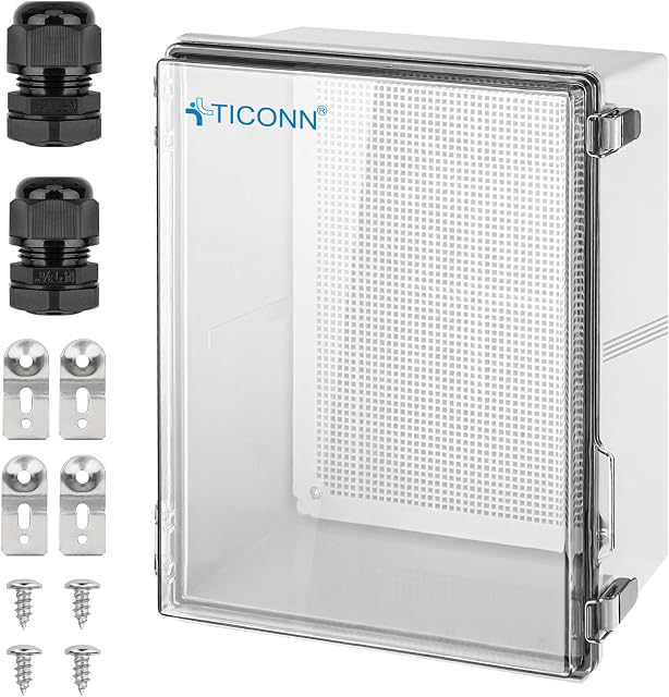 TICONN Waterproof Electrical Junction Box IP67 ABS Plastic Enclosure with Hinged Cover with Mounting Plate, Wall Brackets, Cable Glands (Clear, 19.7"x15.7"x7.9")