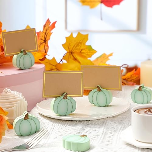 Miniatura 11 de Tradder 18 soportes para tarjetas de lugar de calabaza de otoño con papel de aluminio dorado, cosecha de Acción de Gracias, mini calabaza, nombre