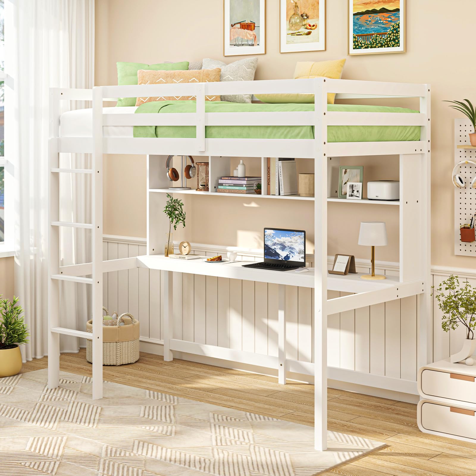 Giantex Twin Loft Bed with Desk & Bookcase, Solid Wood Loft Bed Frame w/Safety Guardrails & Ladder, Space-Saving Twin Size Bed Frame with Storage for