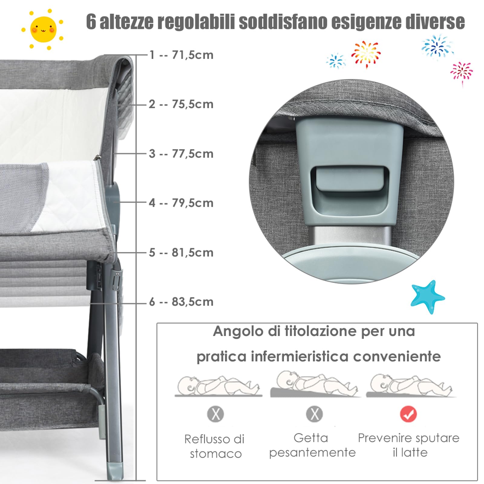 COSTWAY Culla Neonato, Culla Fianco Letto con Meterasso Imbottito, Altezza regolabile, Cintura e Cesto Portaoggetti, Portata Culla 15kg Portata Cesto 2kg