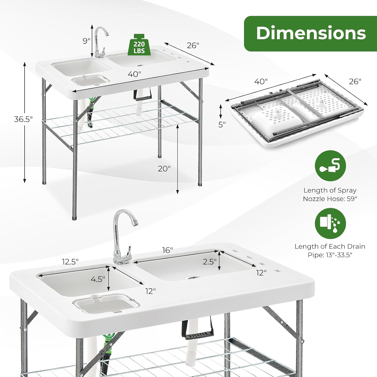 Giantex Fish Cleaning Table w/ 2 Sinks, Faucet, Hose Hook Up, Portable Folding Camping Table w/Measure Mark, Outdoor Fillet Cleaning Station for Fishing Beach Picnic (with Sprayer & Storage Shelf)