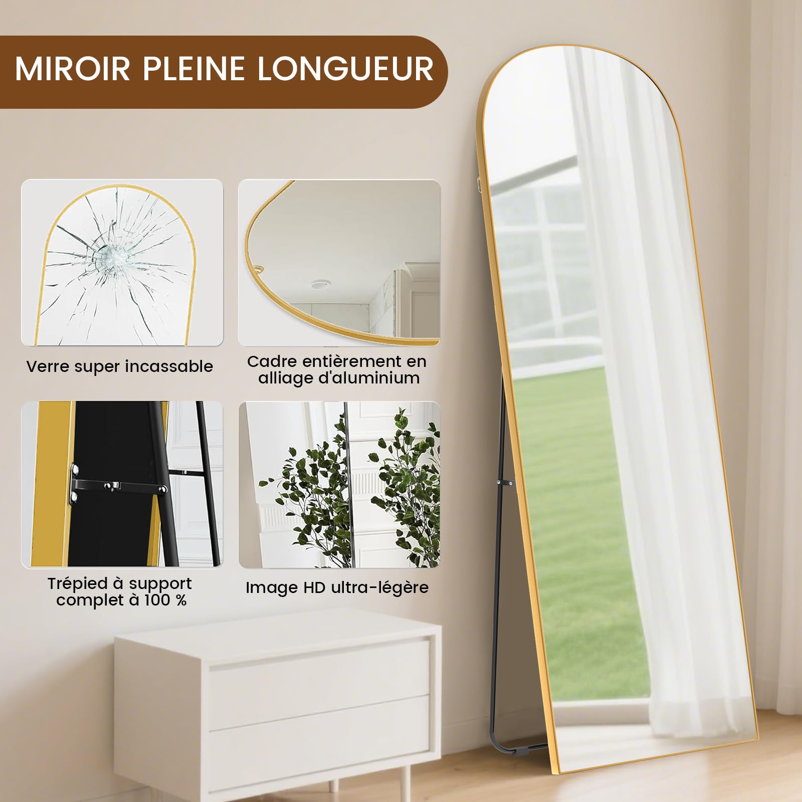 Miroir sur Pied Arqué 162x52cm, Grand Miroir Mural Pleine Longueur, Arc Doré