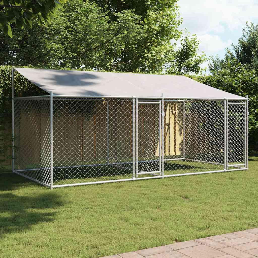 Perrera para perros de acero galvanizado 4 x 2 x 2 m con techo y puertas grises, para exteriores, para perros, cachorros, entrenamiento, protección y seguridad en el jardín o camping