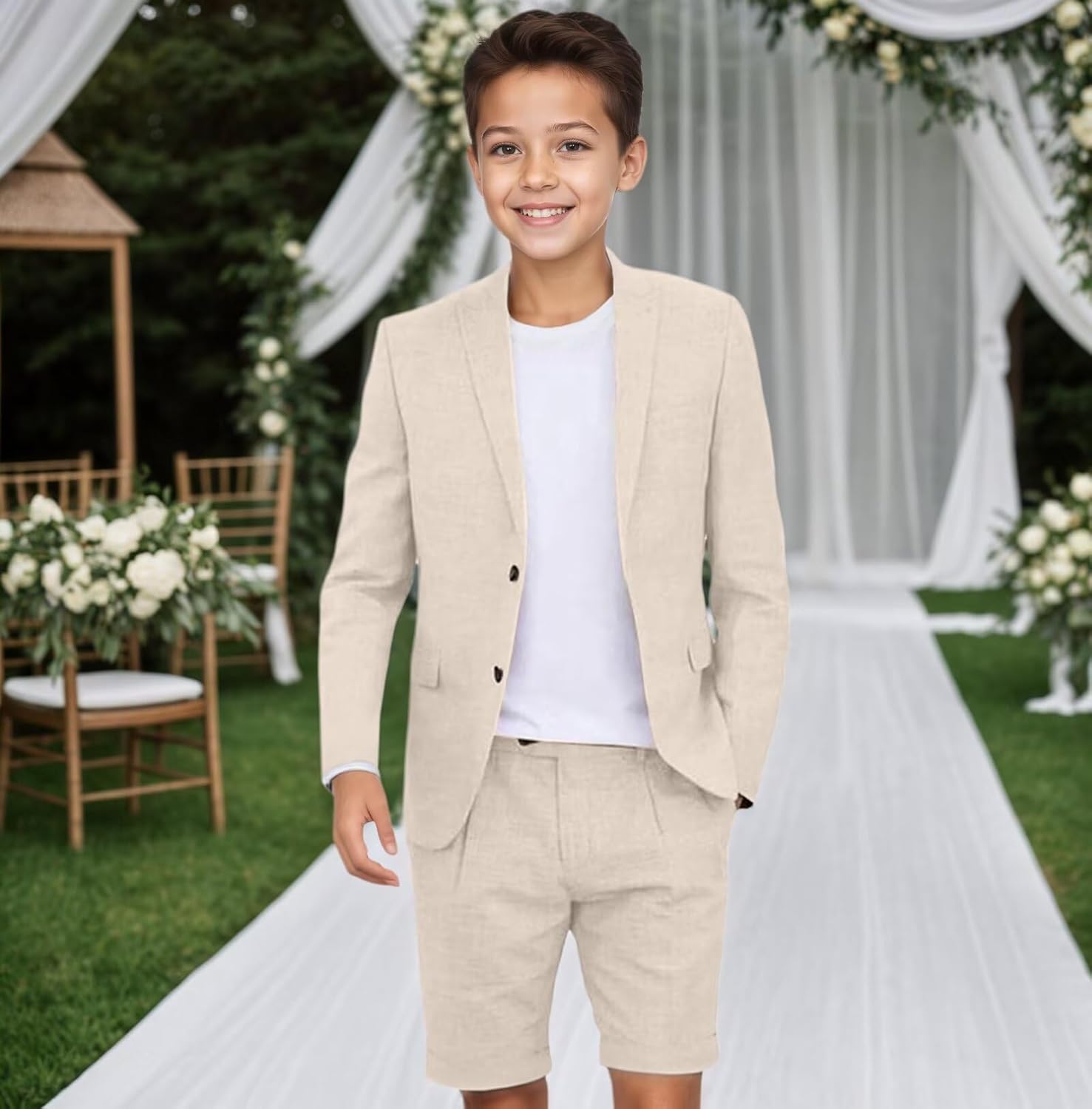 Boys Linen Short Suits for Kids Summer 2 Piece Beach Wedding Outfit Lightweight Linen Tuxedo Suit Set