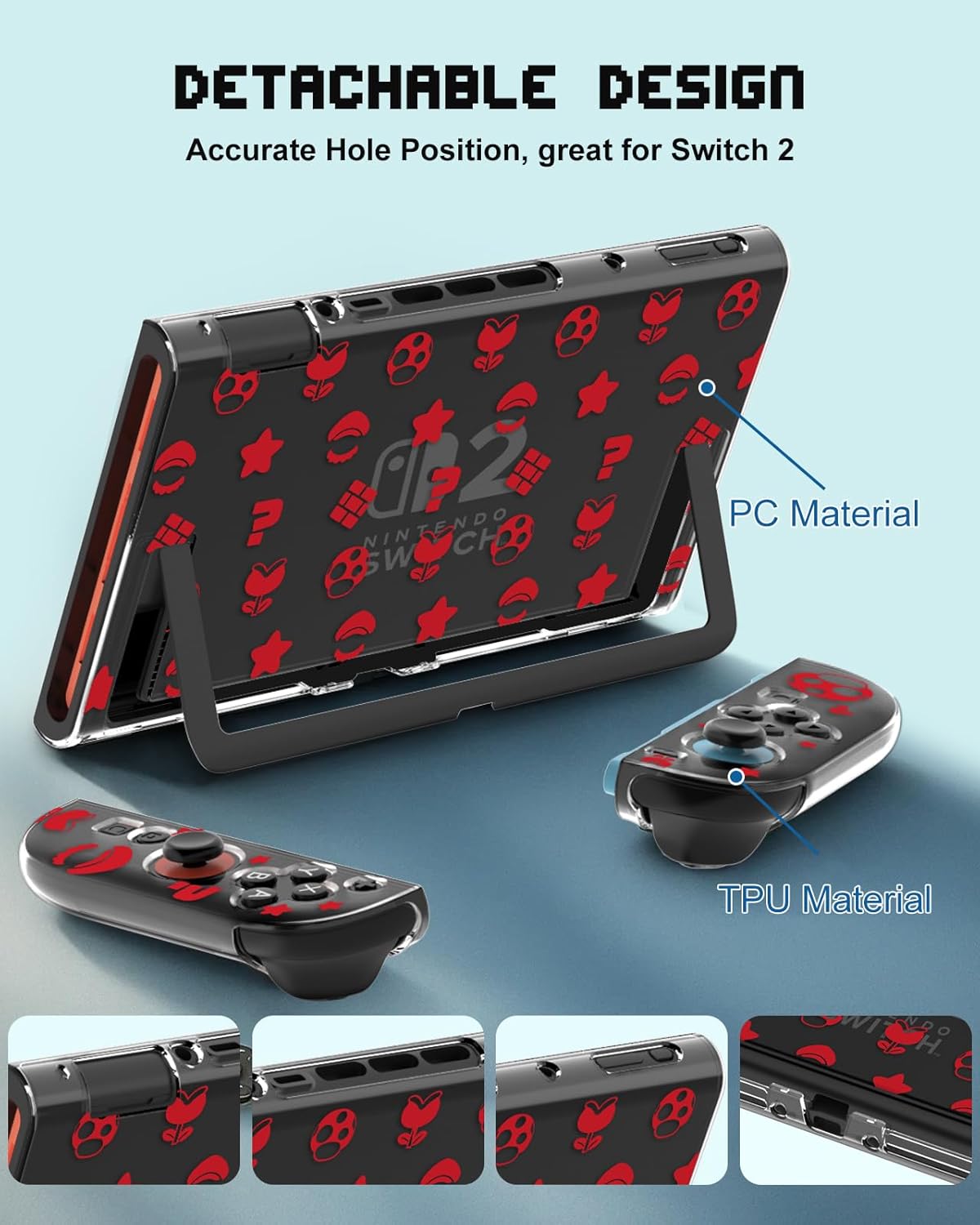 Dockable Protective Case for Nintendo Switch 2 2025 - Cute Cartoon Red Design Clear TPU Slim Hard Cover for Joycon 2 for Women Teens Girls Boys - Image 3