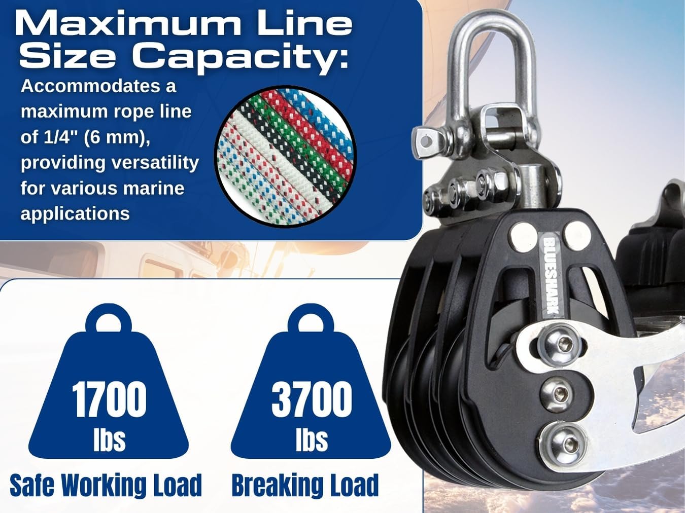 Blue Shark 2261-38 mm Fixed Triple Adjustable Cam Aluminum Sailing Block - Max Line: 1/4” (6 mm), Safe Working Load (SWL): 1700 lbs, Breaking Load: 3700 lbs (10-Pack)